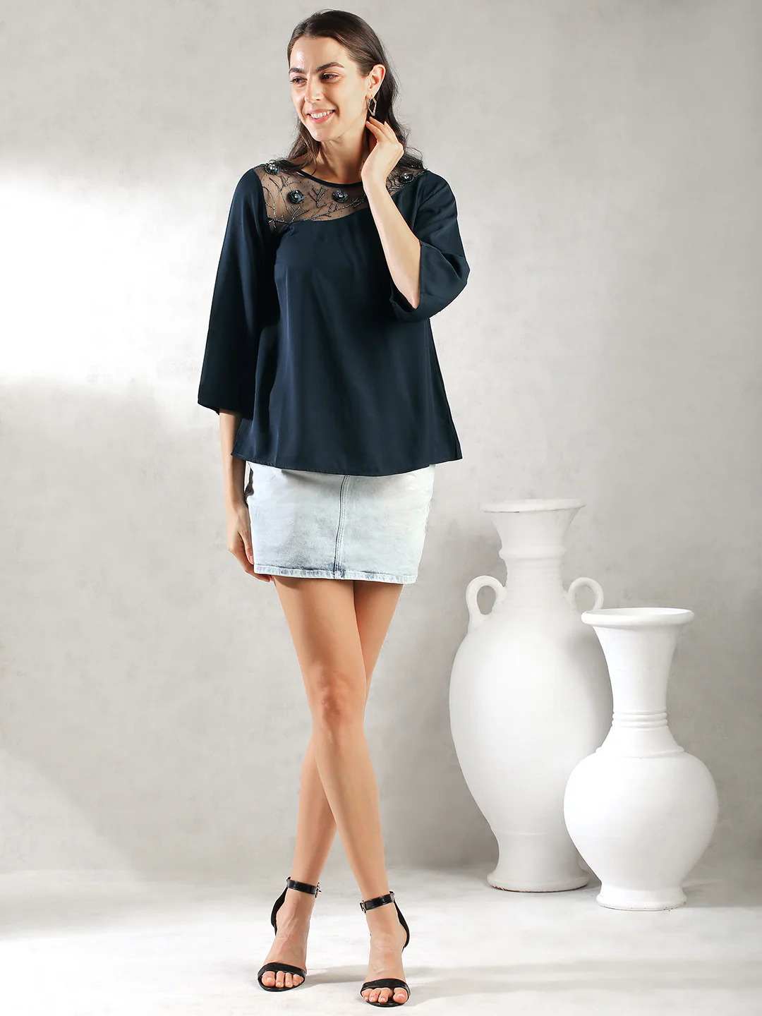 Women Navy A-Line Sheer Neck Top - Image 2