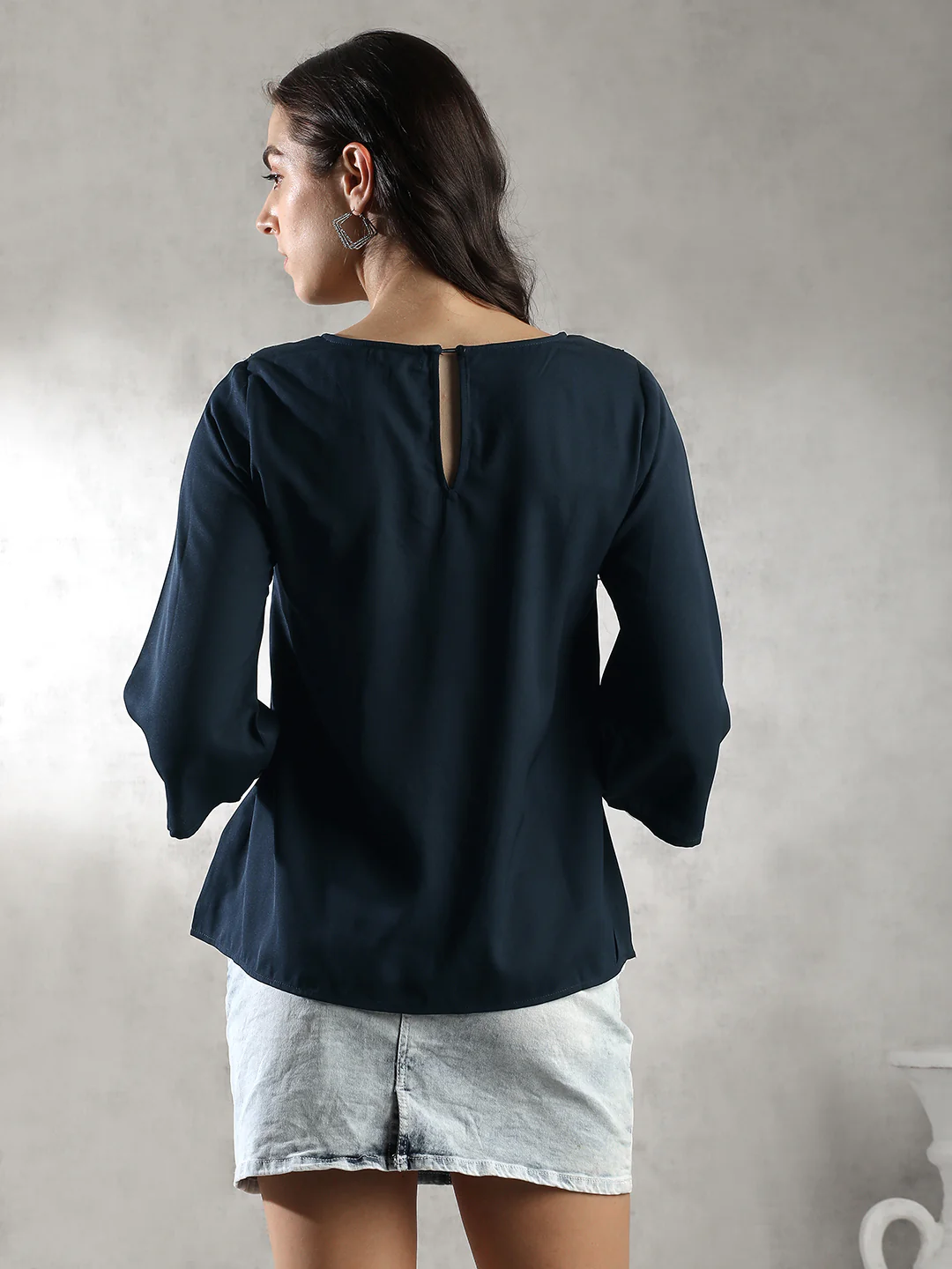 Women Navy A-Line Sheer Neck Top - Image 3