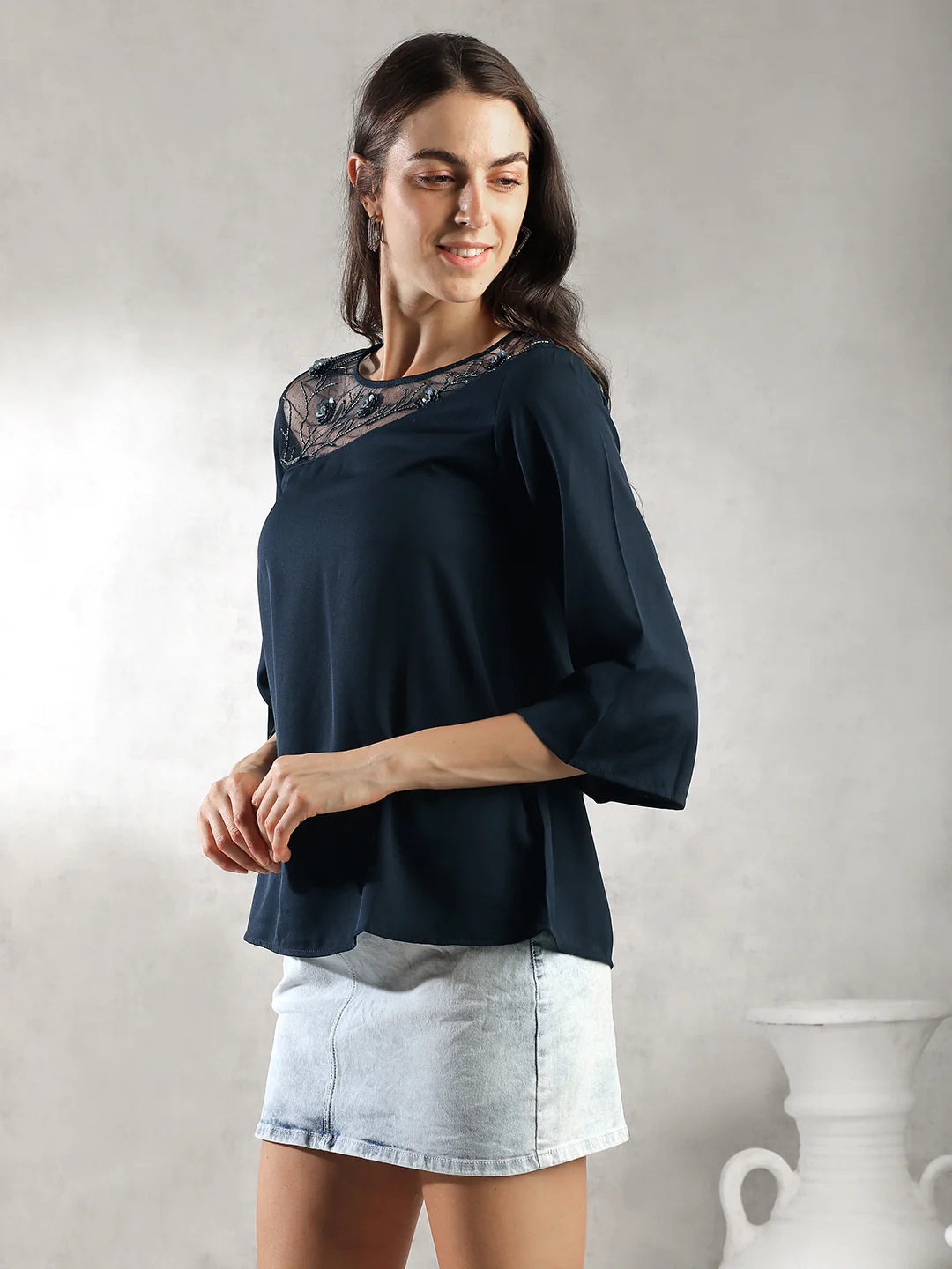Women Navy A-Line Sheer Neck Top - Image 4