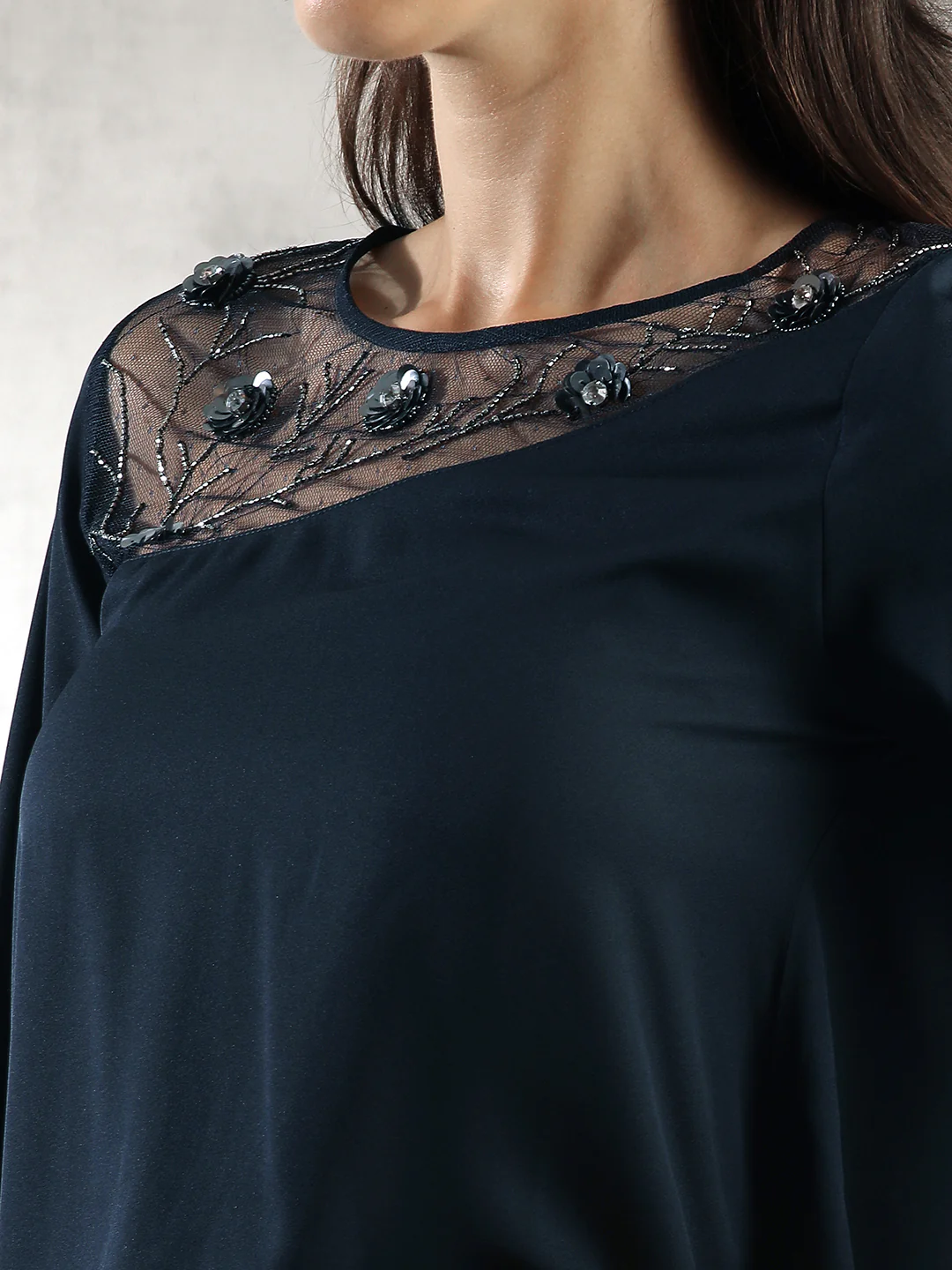 Women Navy A-Line Sheer Neck Top - Image 5