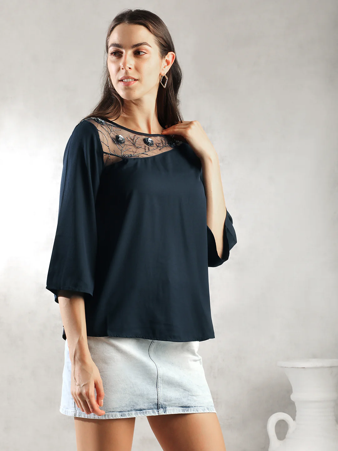 Women Navy A-Line Sheer Neck Top - Image 6