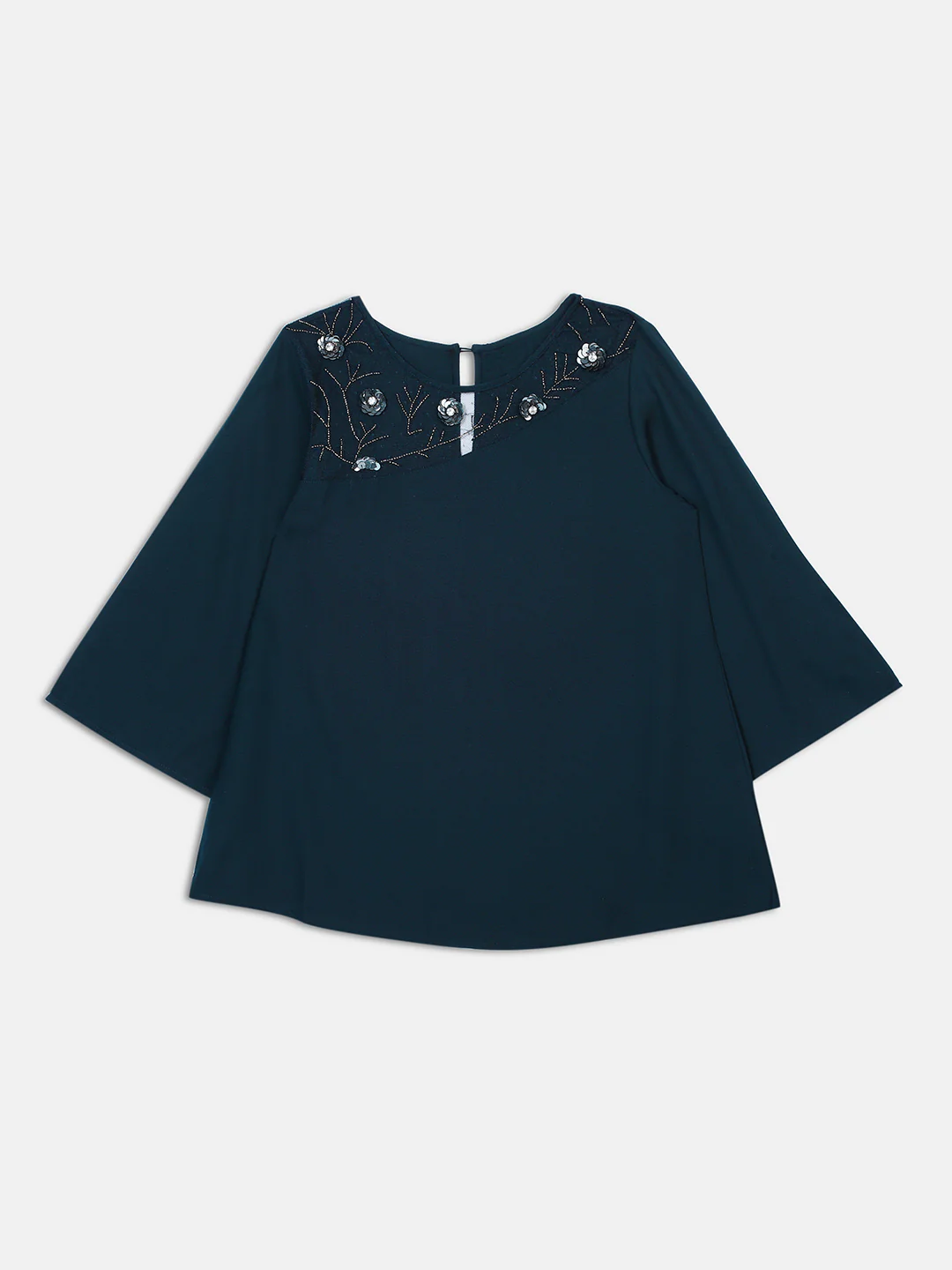 Women Navy A-Line Sheer Neck Top - Image 7