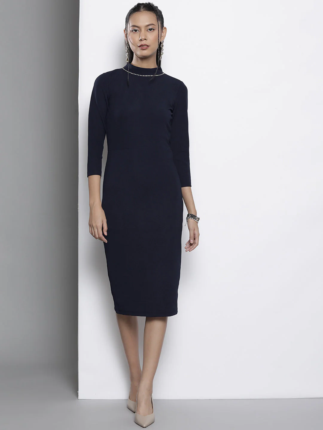 Women Navy Back Cut-Out Bodycon Dress - Image 3