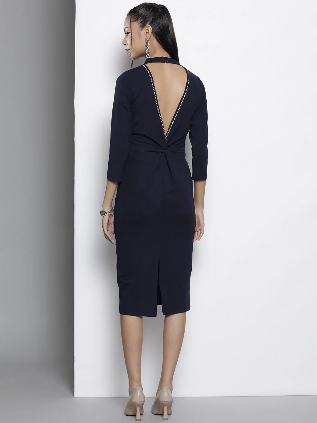 Women Navy Back Cut-Out Bodycon Dress - Image 5