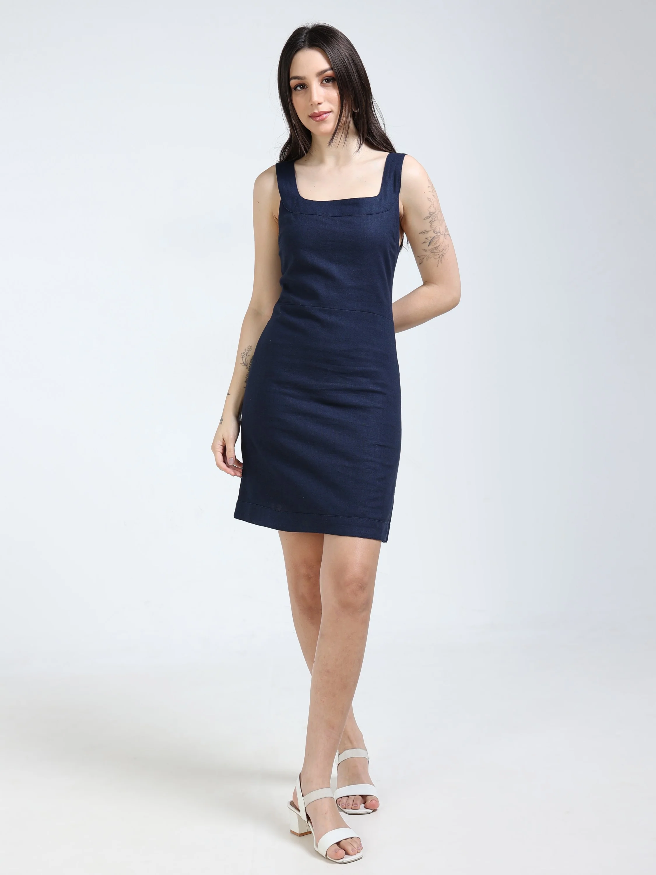Women Navy Linen Blend Dress - Image 4