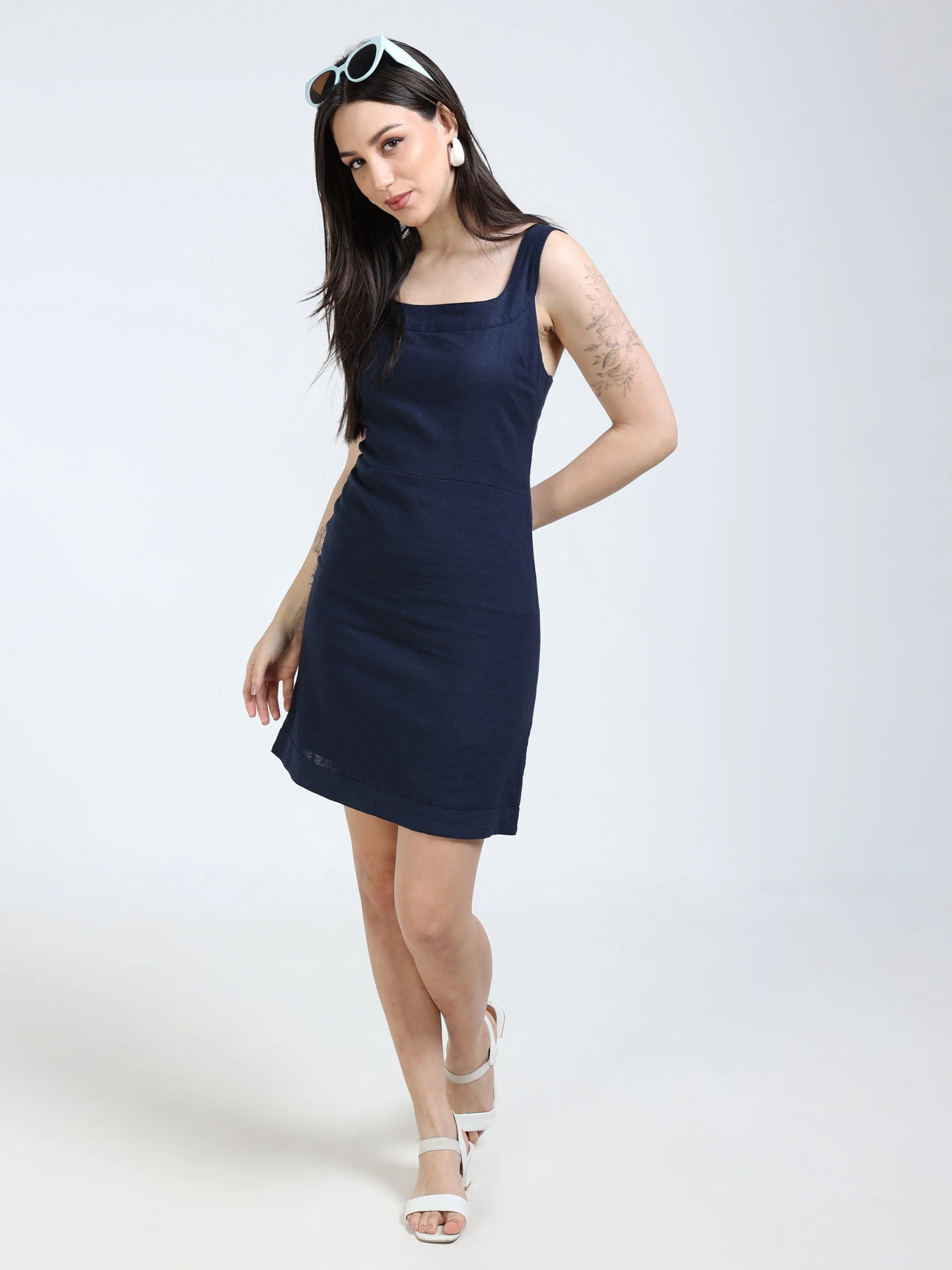 Women Navy Linen Blend Dress - Image 6