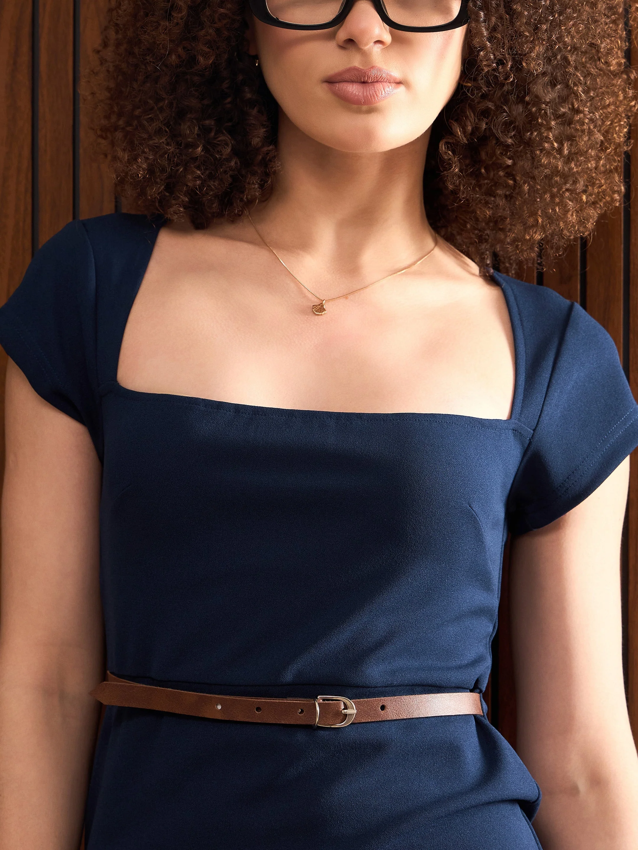 Women Navy Belted Bodycon Midi Dress - Image 4