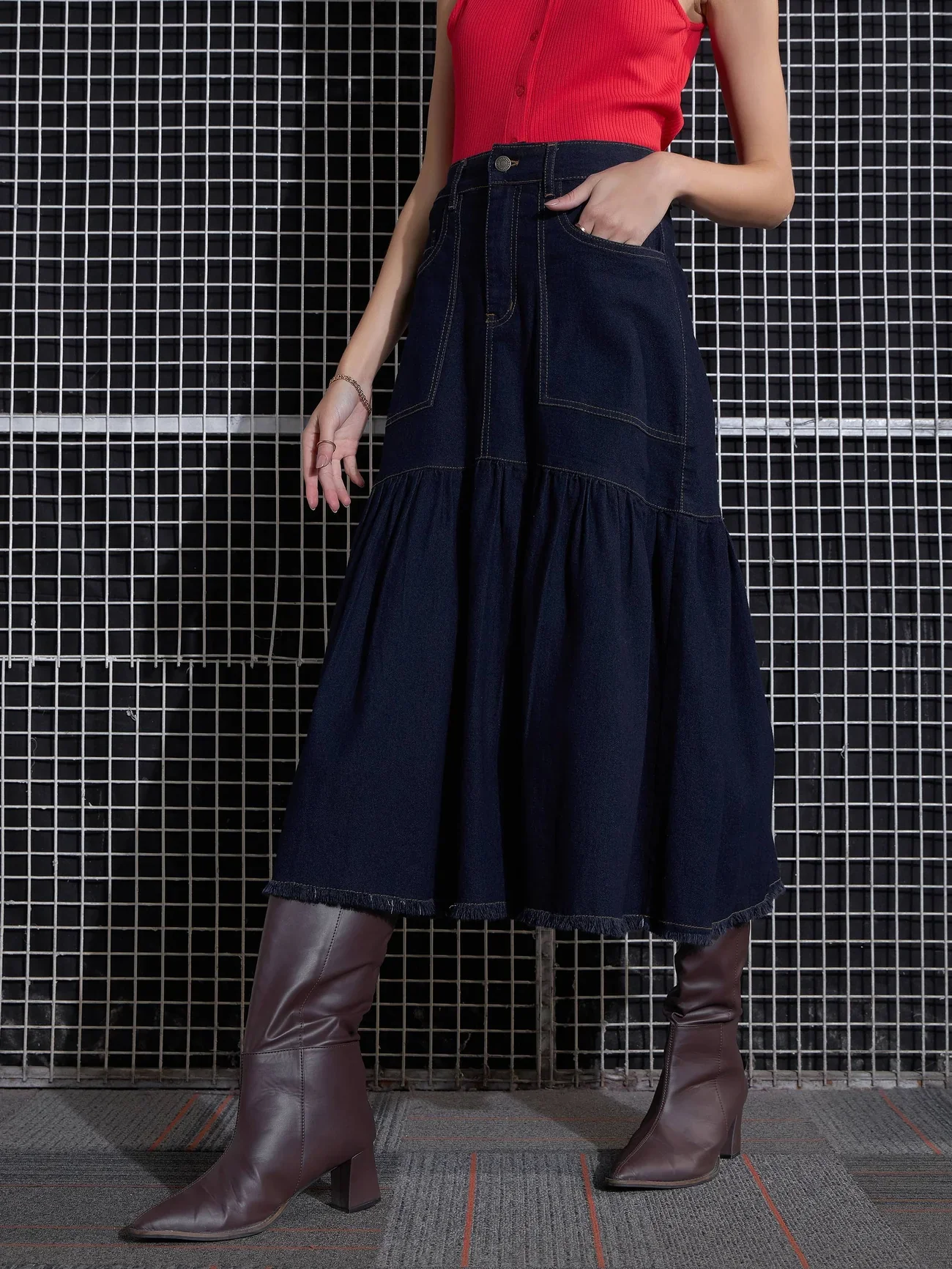 Women Navy Blast Denim Flared Midi Skirt - Image 3