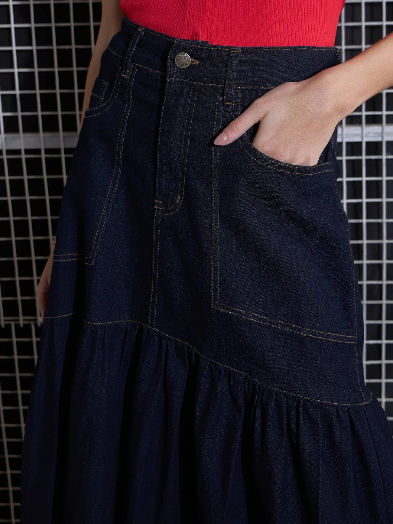 Women Navy Blast Denim Flared Midi Skirt - Image 4