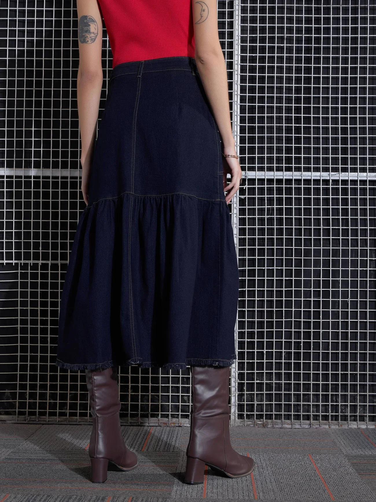 Women Navy Blast Denim Flared Midi Skirt - Image 5