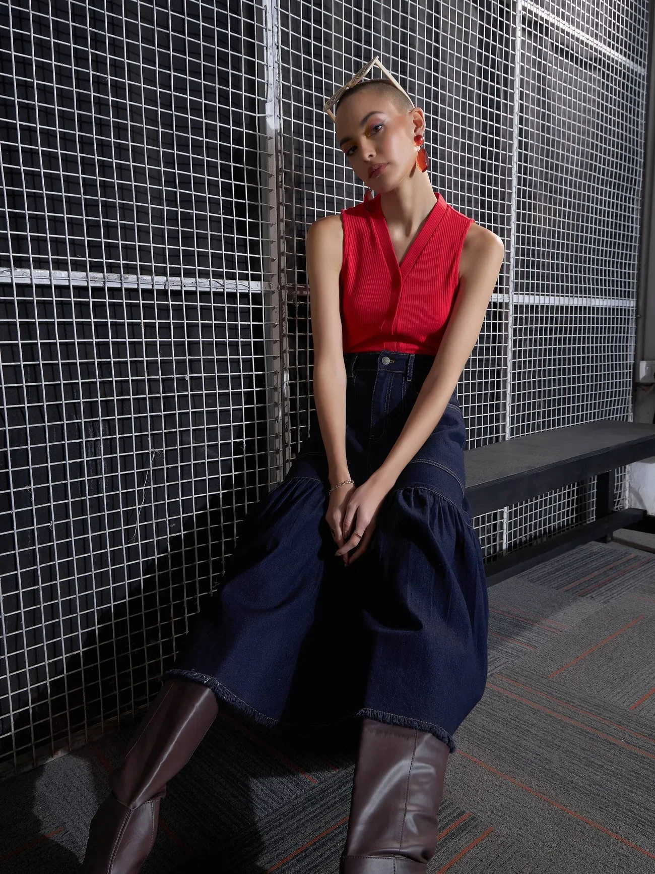 Women Navy Blast Denim Flared Midi Skirt - Image 6