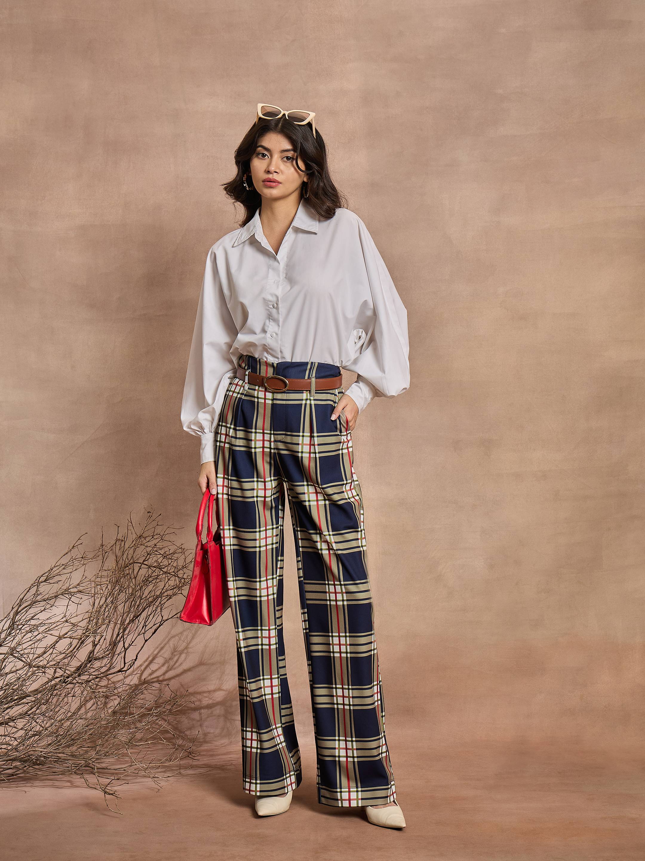 Women Navy Blue Check High Rise Wide Leg Pants - Image 2
