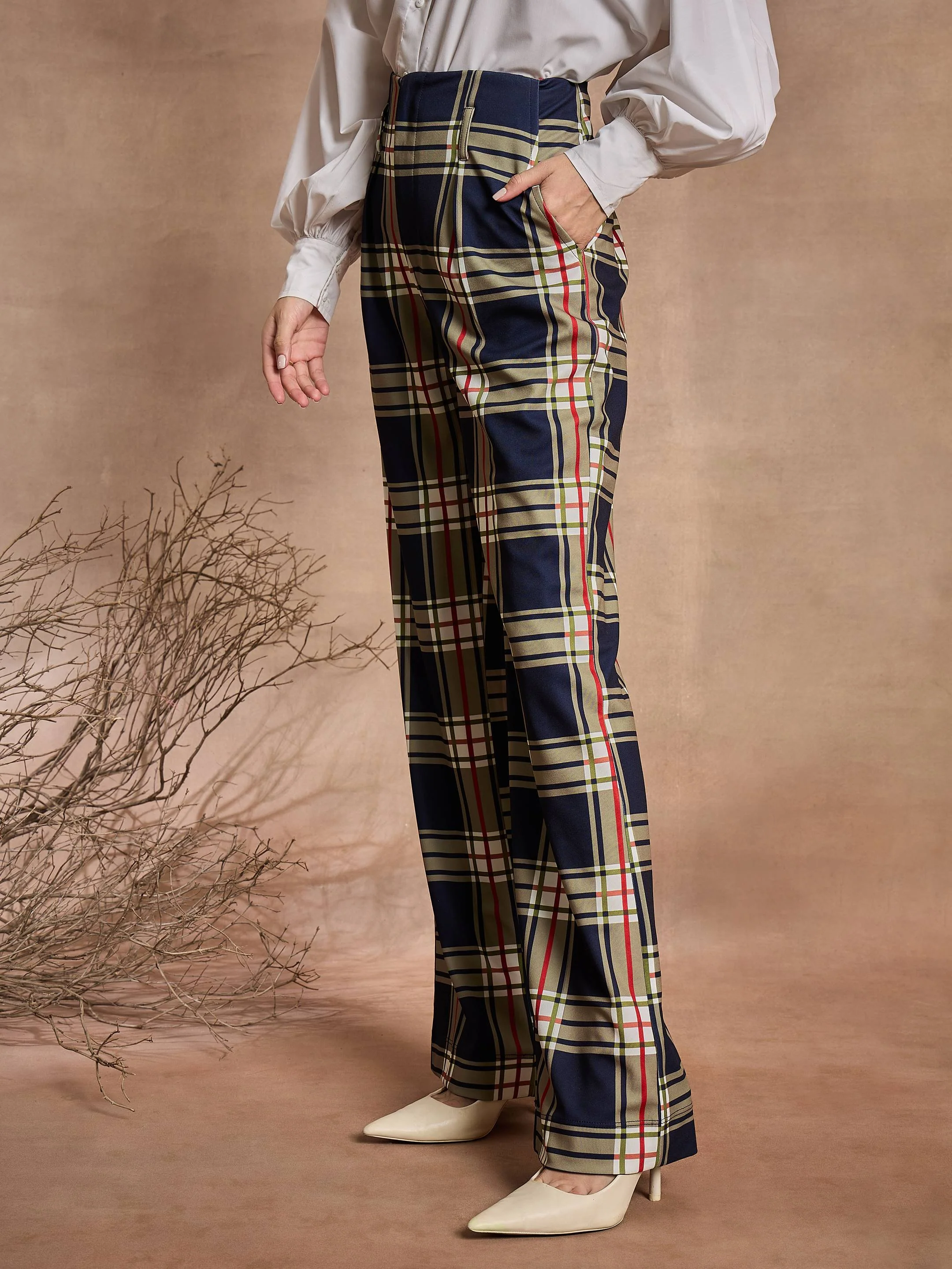 Women Navy Blue Check High Rise Wide Leg Pants - Image 3