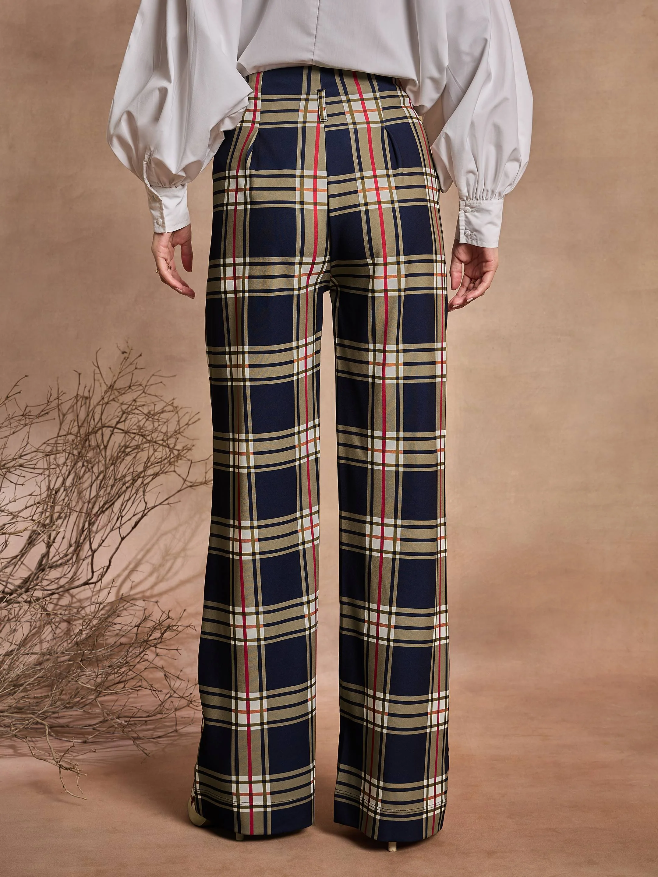 Women Navy Blue Check High Rise Wide Leg Pants - Image 5