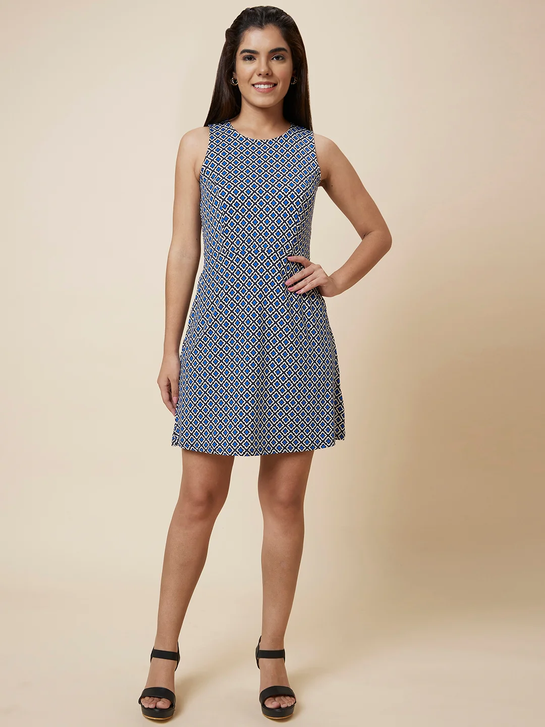 Women Navy Blue Checked Dress - Image 2
