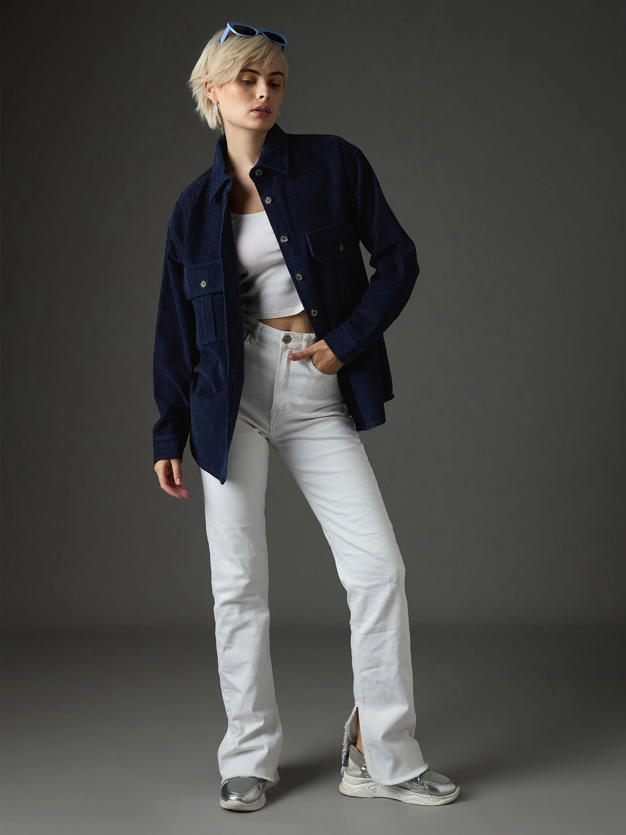 Women Navy Blue Corduroy Oversized Shirt - Image 2