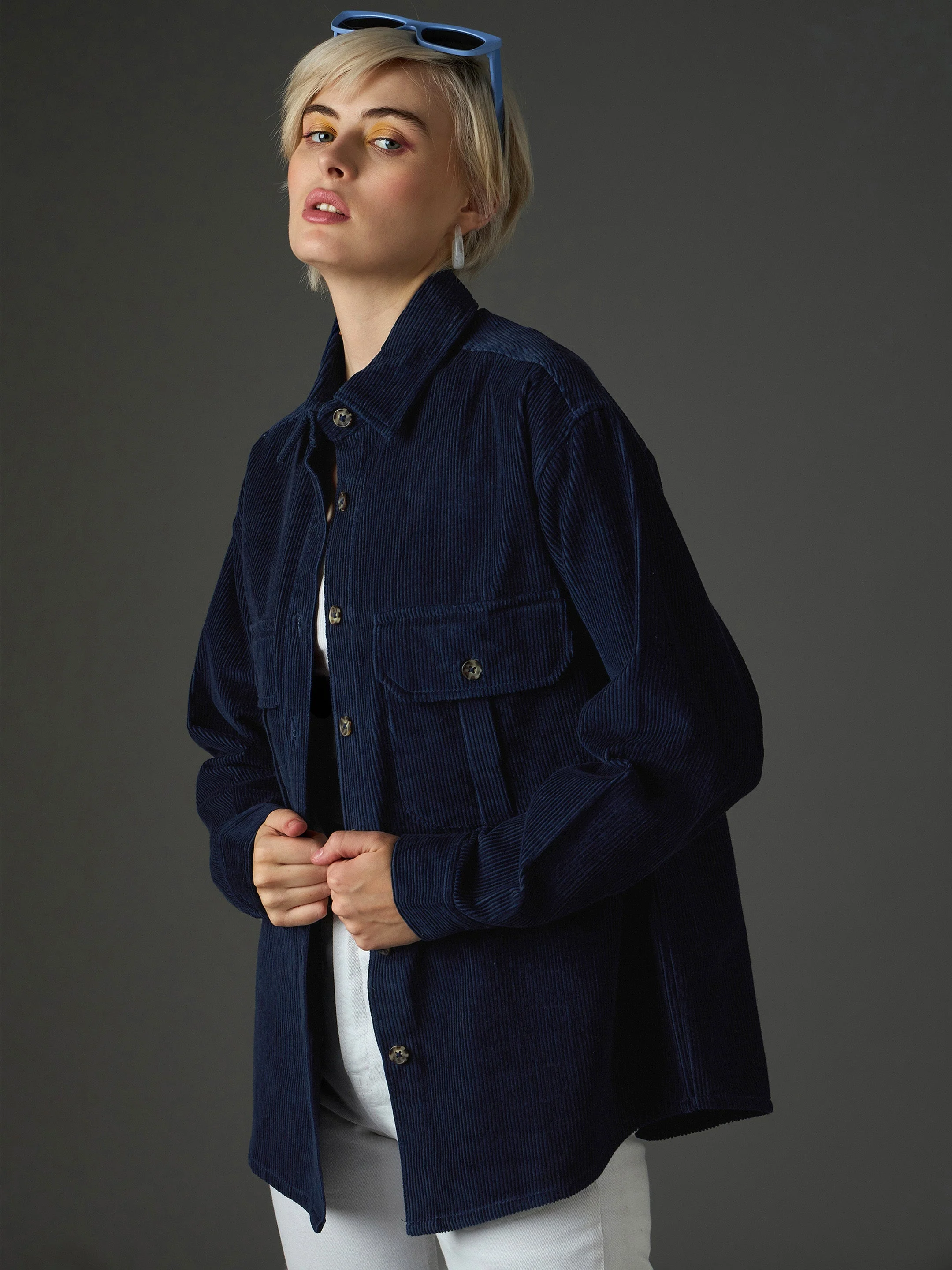 Women Navy Blue Corduroy Oversized Shirt - Image 3