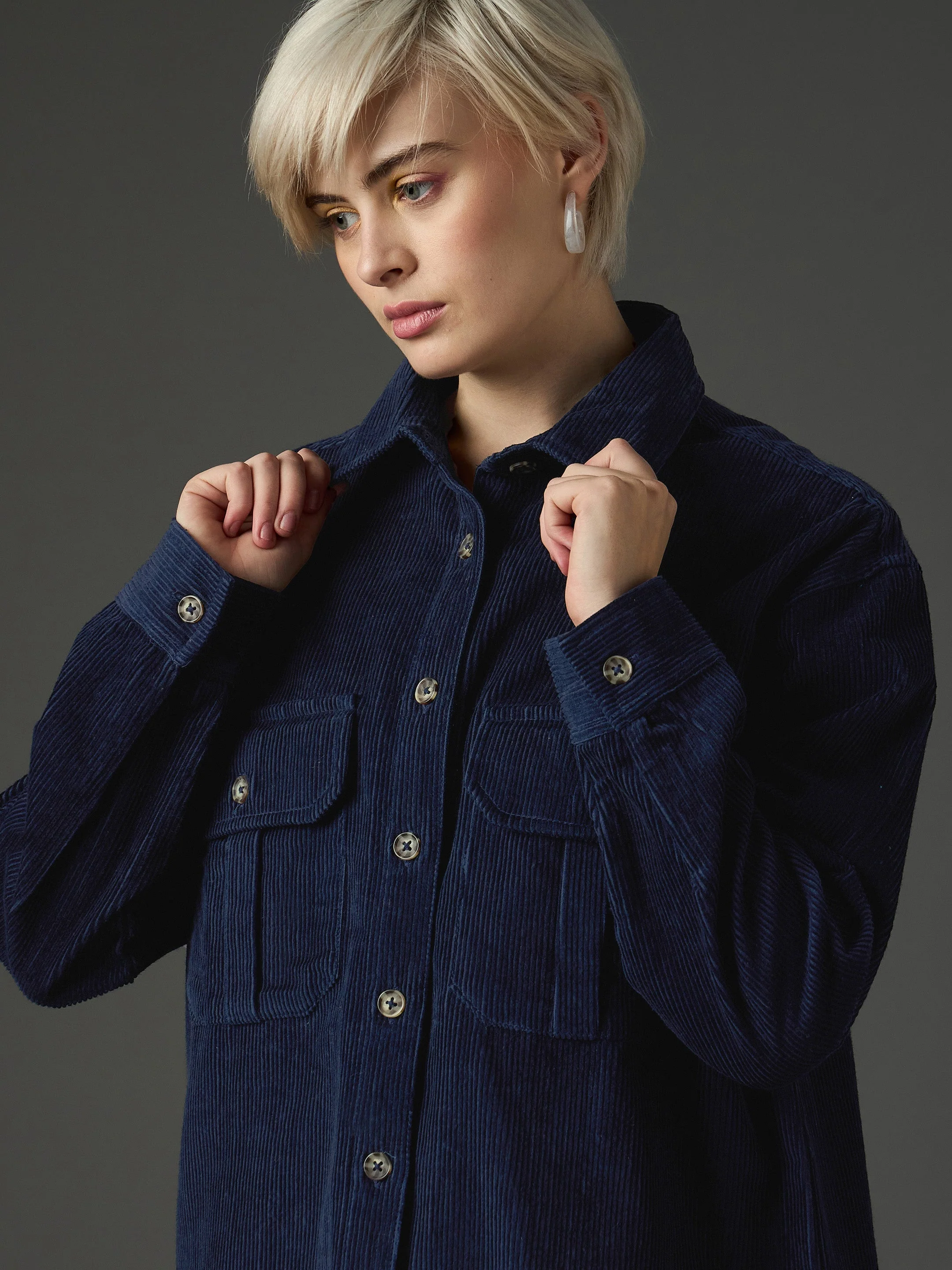 Women Navy Blue Corduroy Oversized Shirt - Image 4