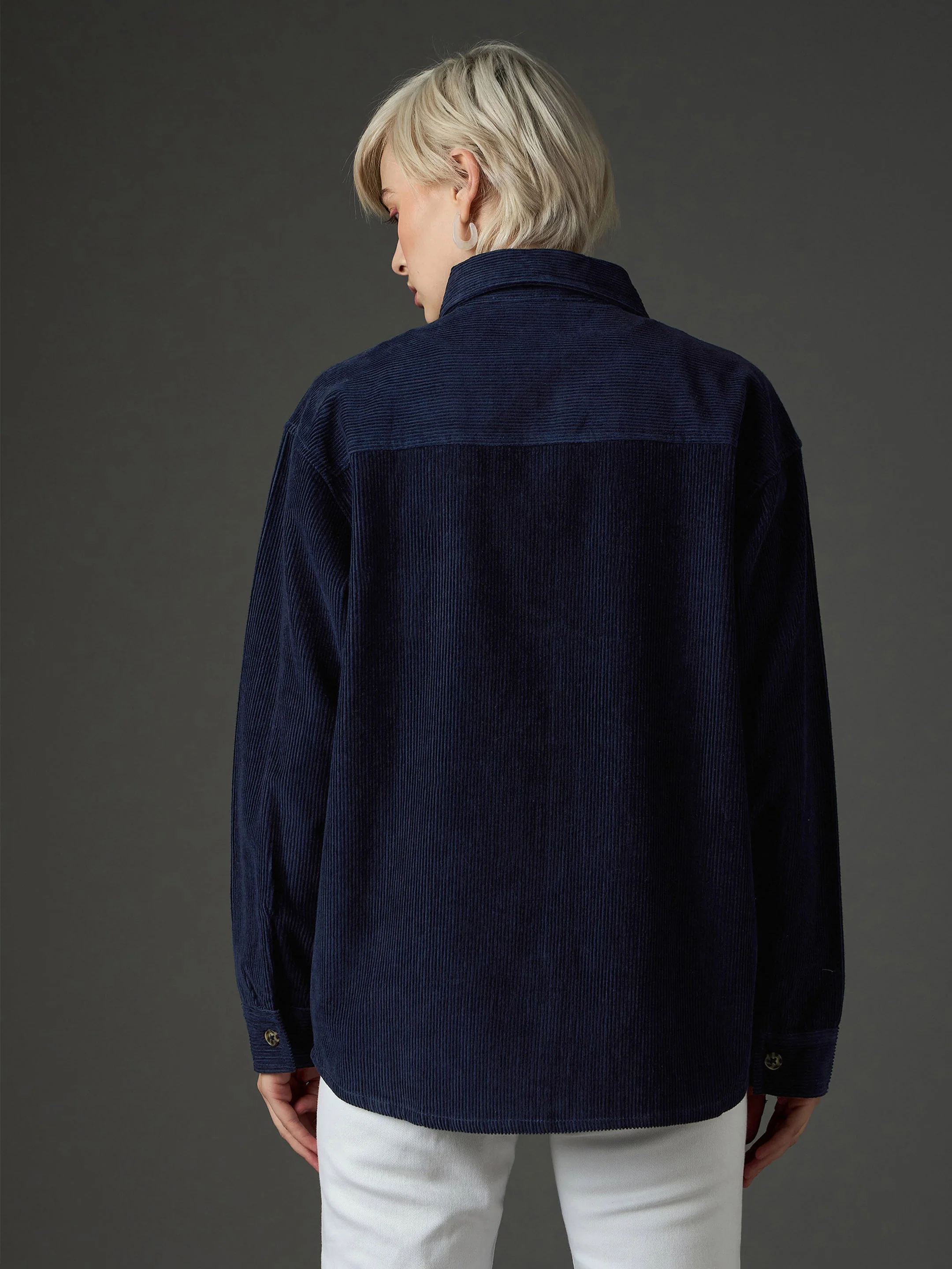 Women Navy Blue Corduroy Oversized Shirt - Image 5