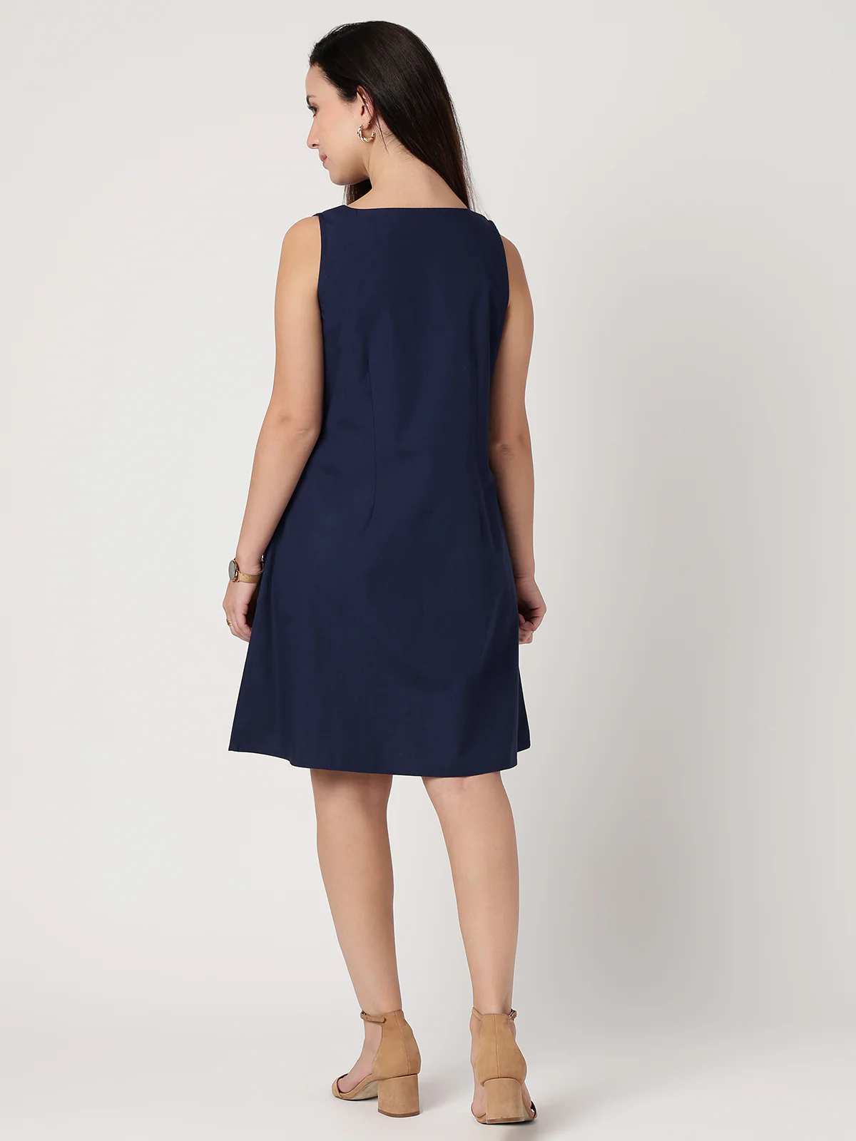 Women Navy Blue Cotton Buttoned Dress - Image 2