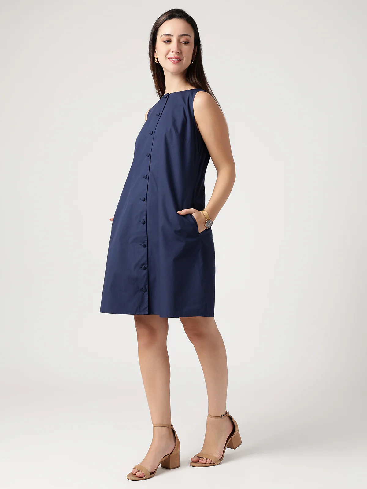 Women Navy Blue Cotton Buttoned Dress - Image 3