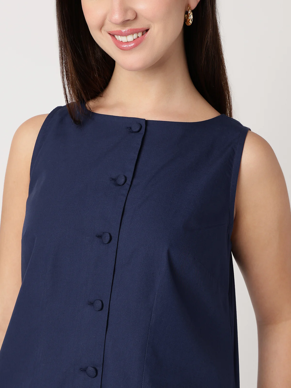 Women Navy Blue Cotton Buttoned Dress - Image 4