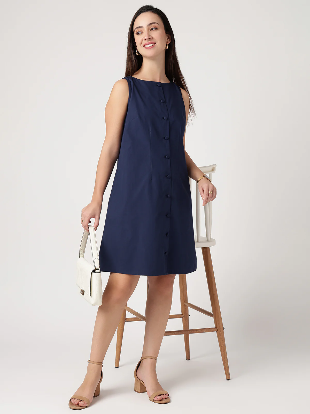 Women Navy Blue Cotton Buttoned Dress - Image 5