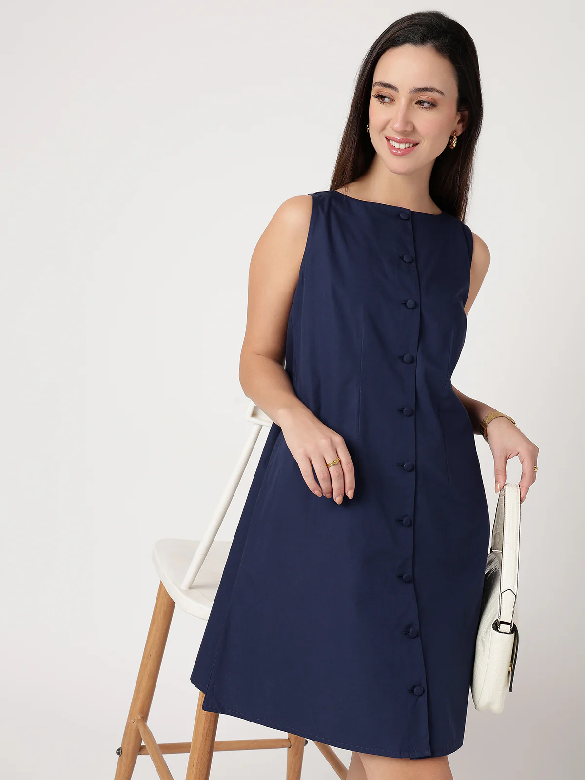 Women Navy Blue Cotton Buttoned Dress - Image 6