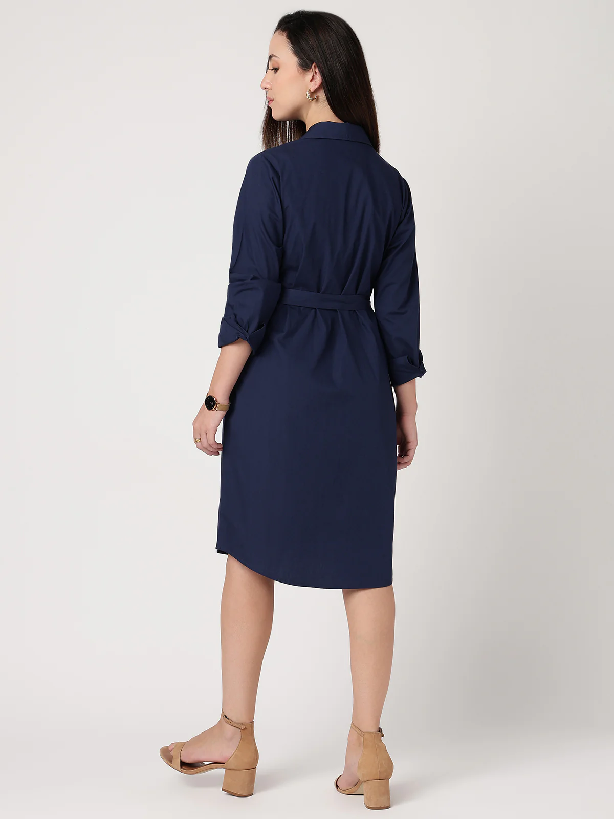 Women Navy Blue Cotton Shirt Dress - Image 2