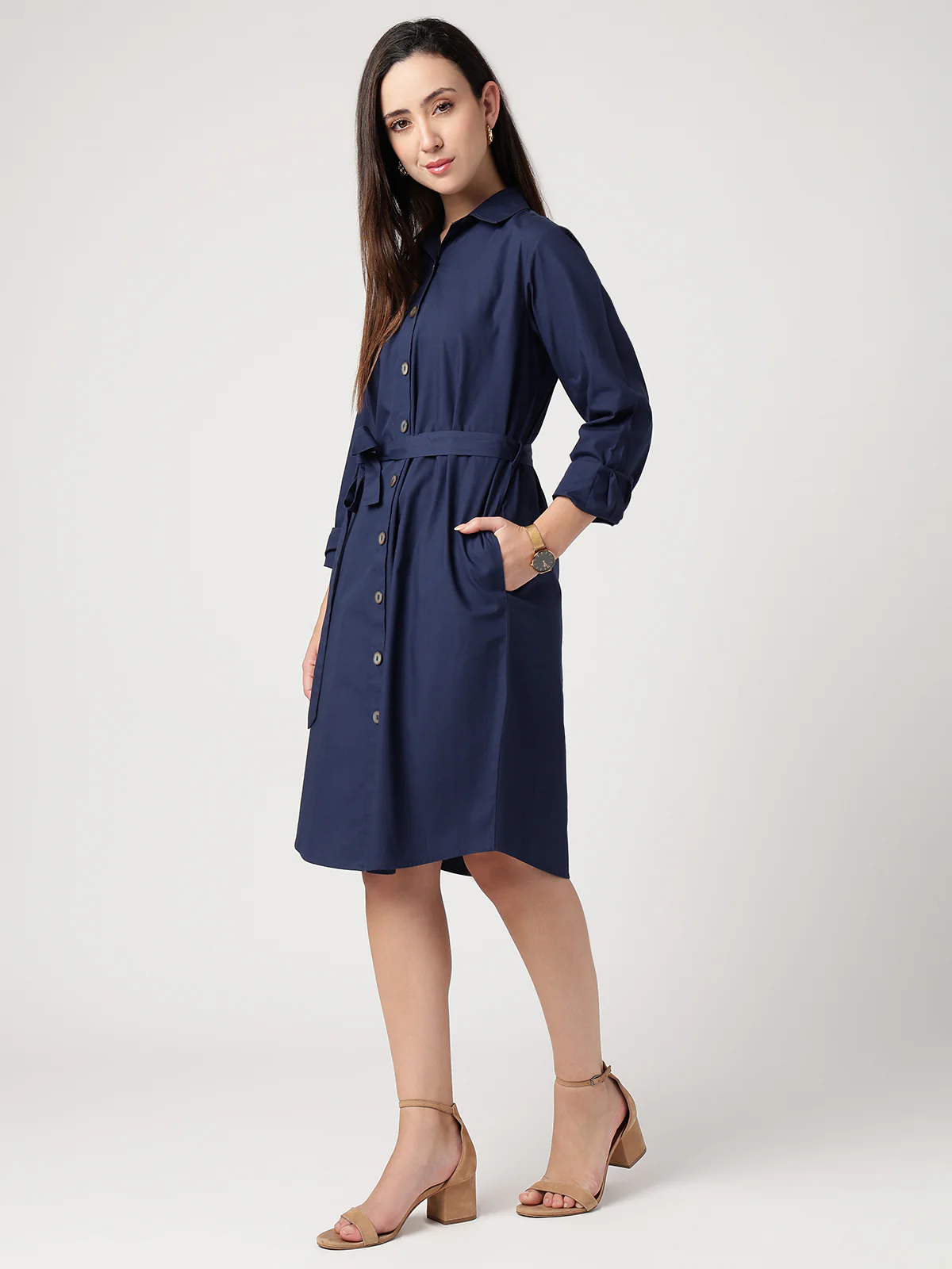Women Navy Blue Cotton Shirt Dress - Image 3
