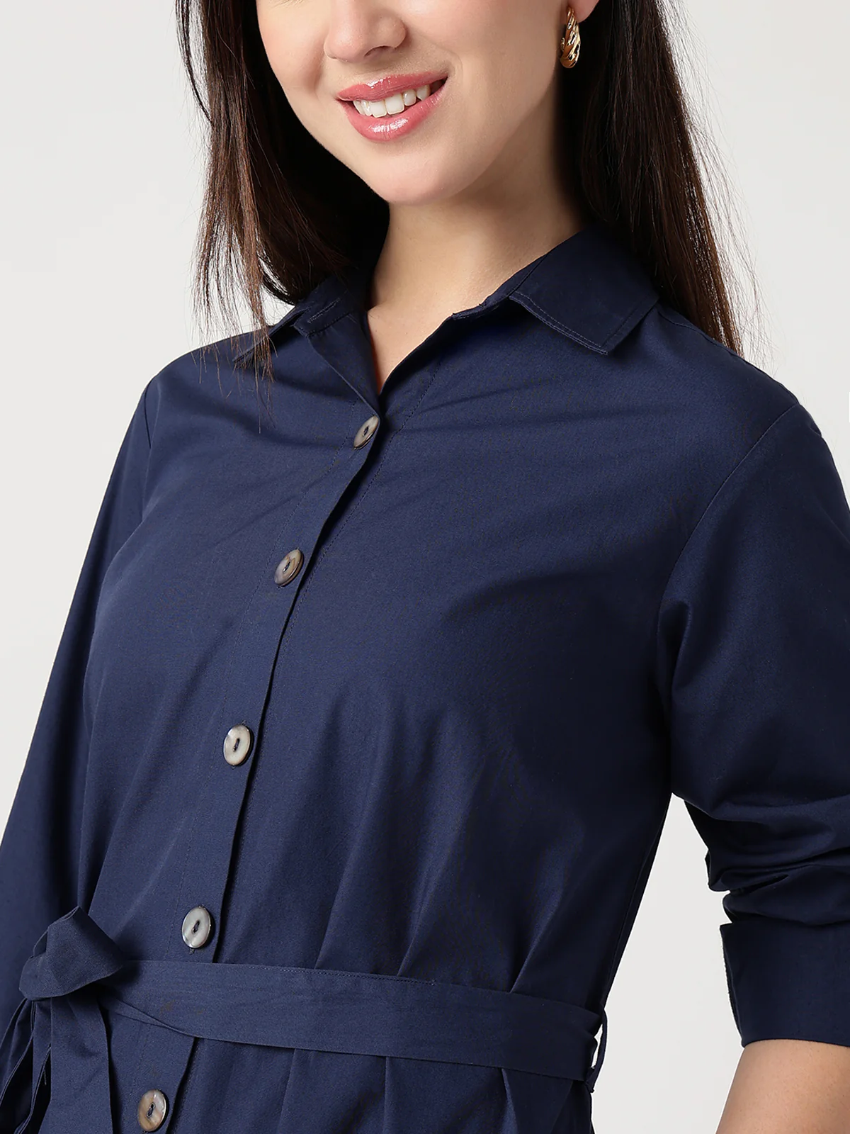 Women Navy Blue Cotton Shirt Dress - Image 4