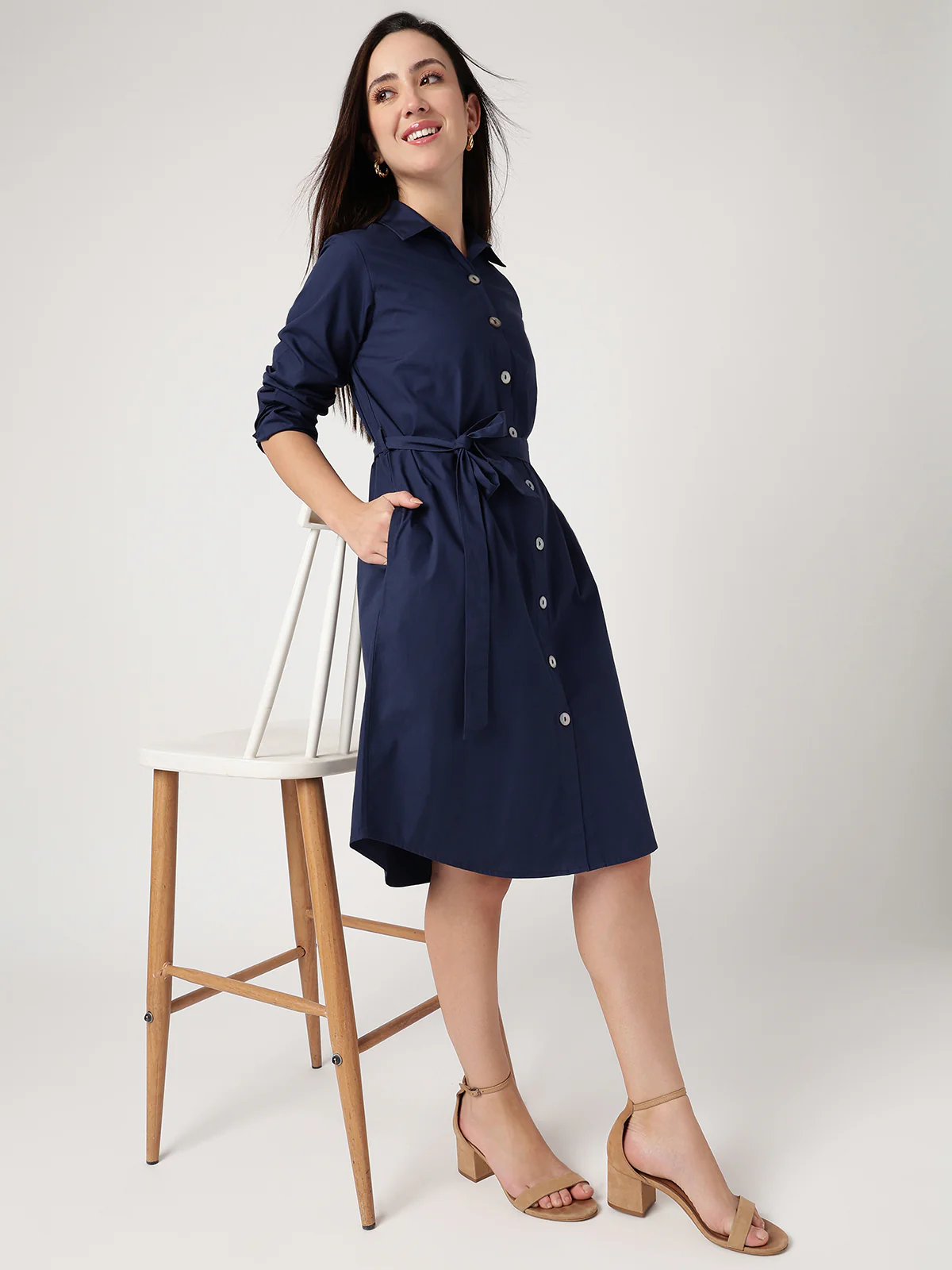 Women Navy Blue Cotton Shirt Dress - Image 5