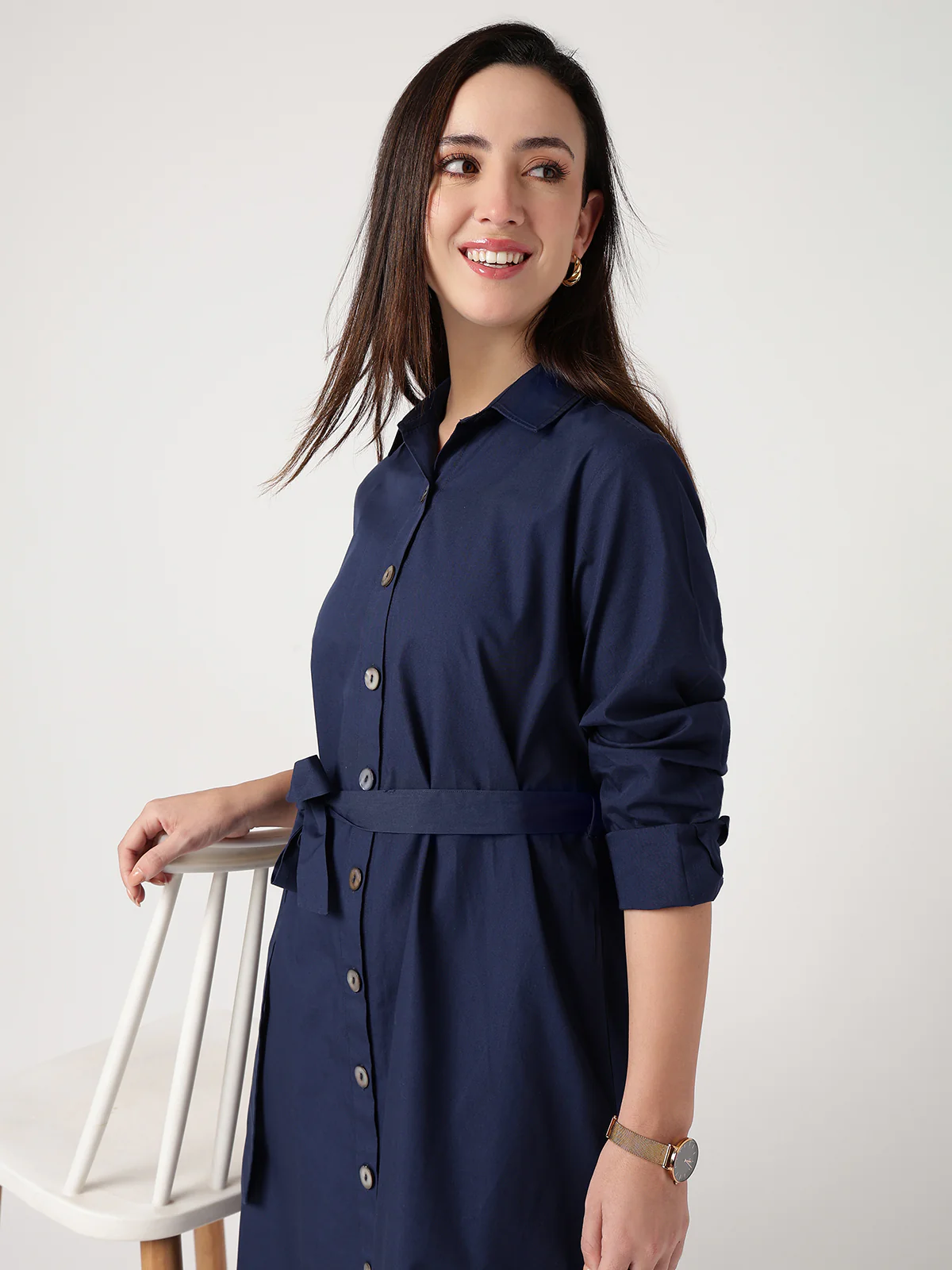 Women Navy Blue Cotton Shirt Dress - Image 6