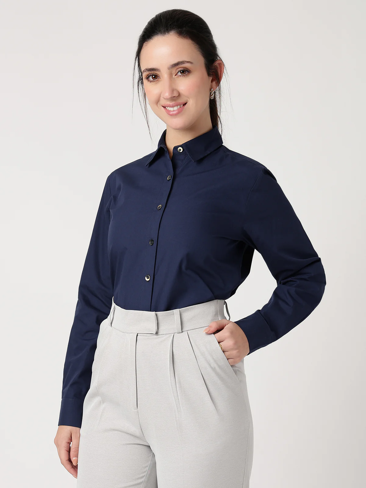 Women Navy Blue Cotton Shirt - Image 3