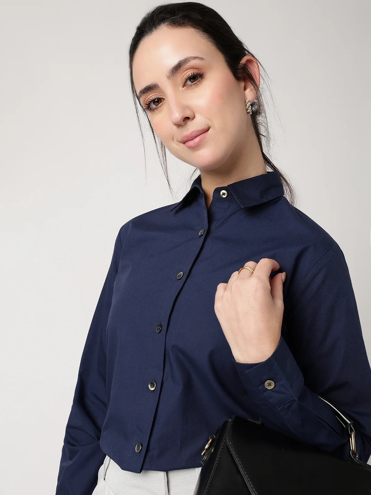 Women Navy Blue Cotton Shirt - Image 5