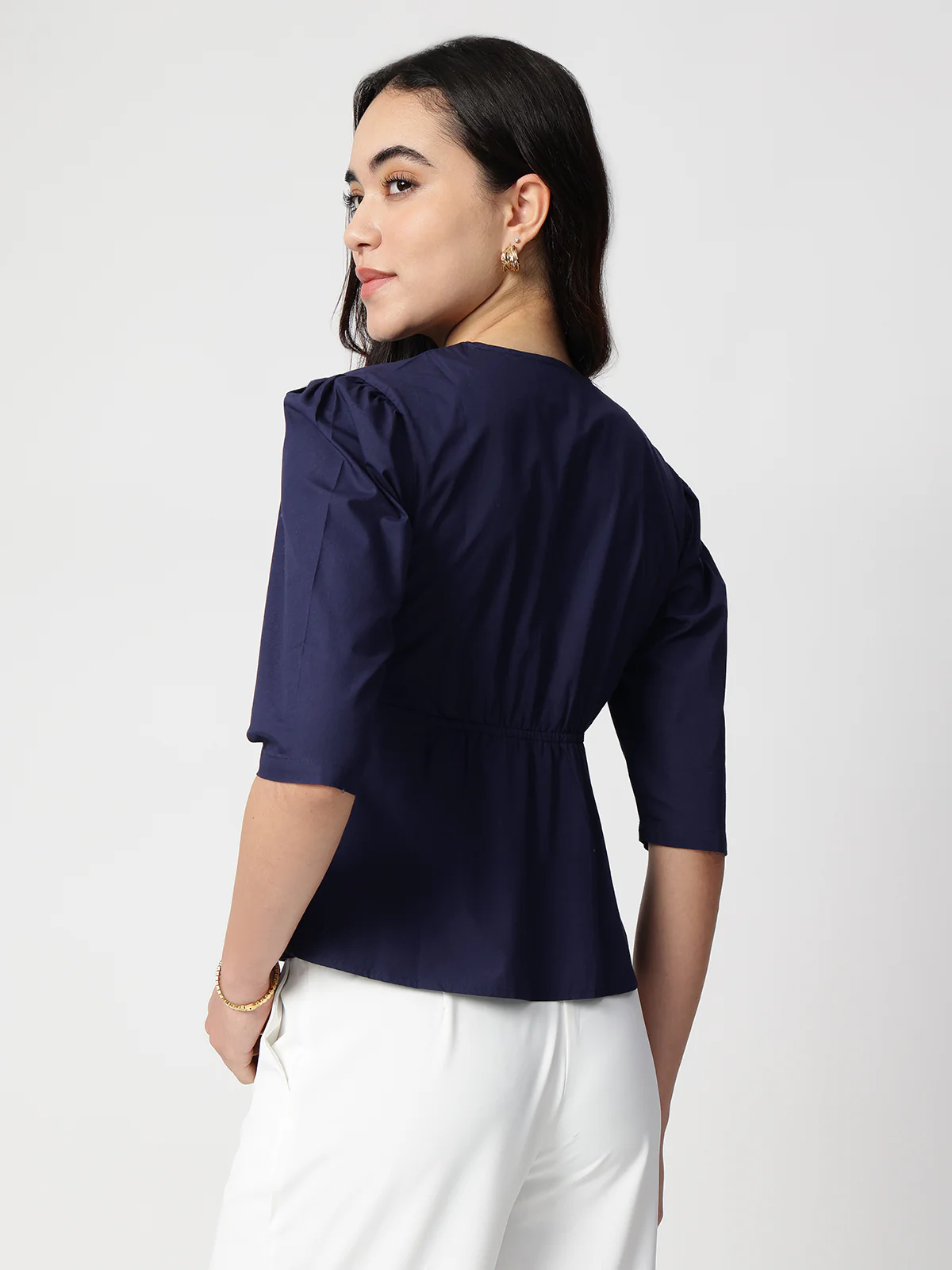 Women Navy Blue Cotton Three-Quarter Shirt - Image 2