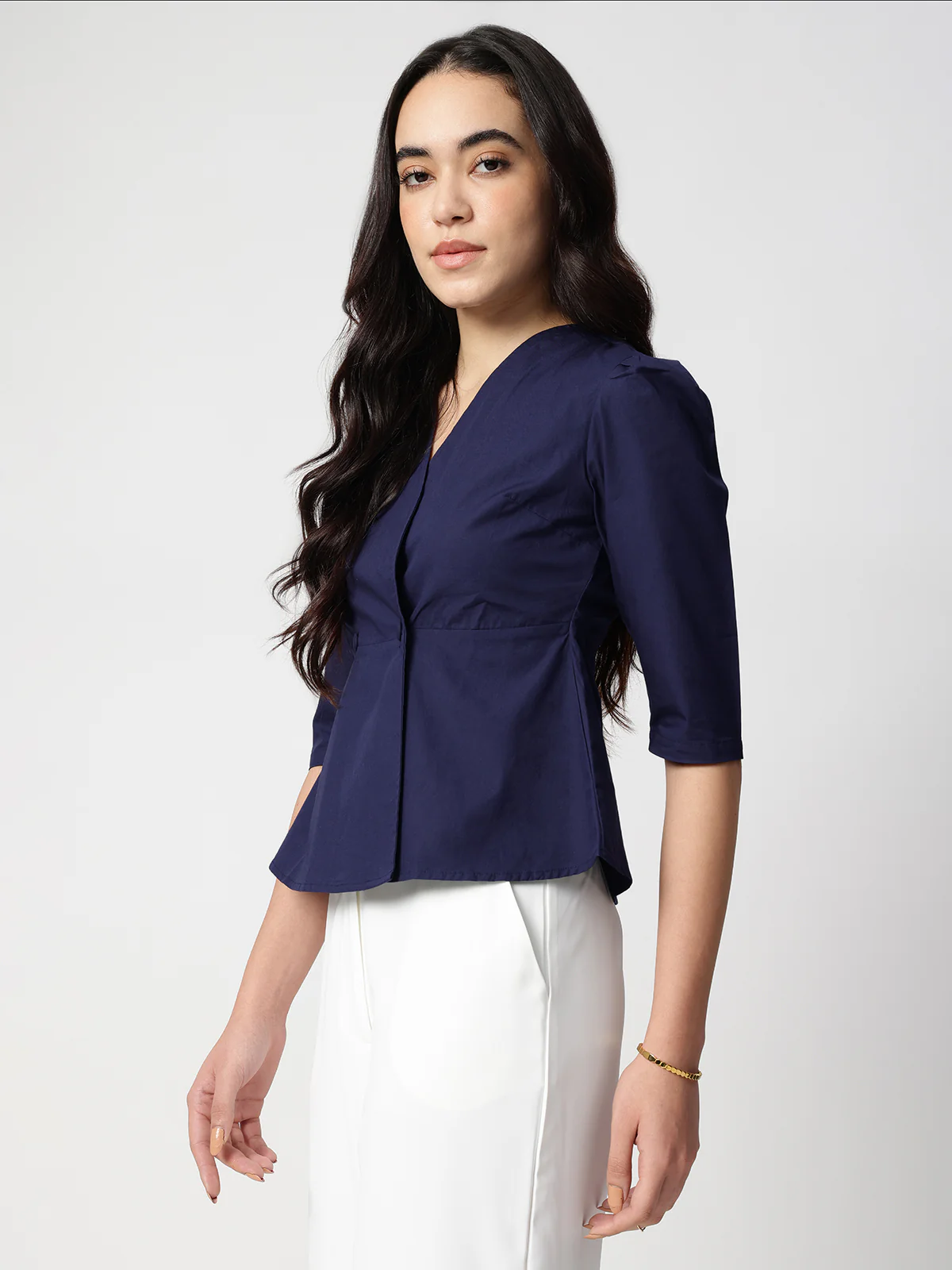 Women Navy Blue Cotton Three-Quarter Shirt - Image 3
