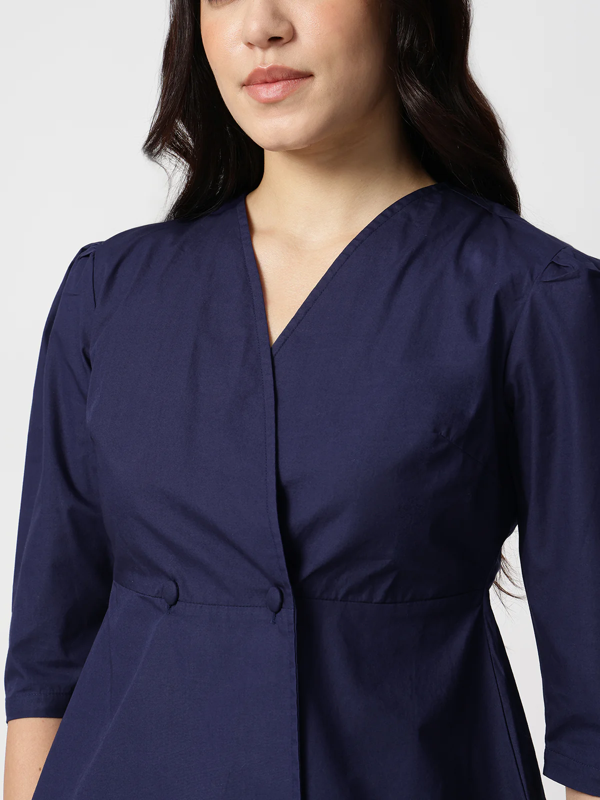 Women Navy Blue Cotton Three-Quarter Shirt - Image 4