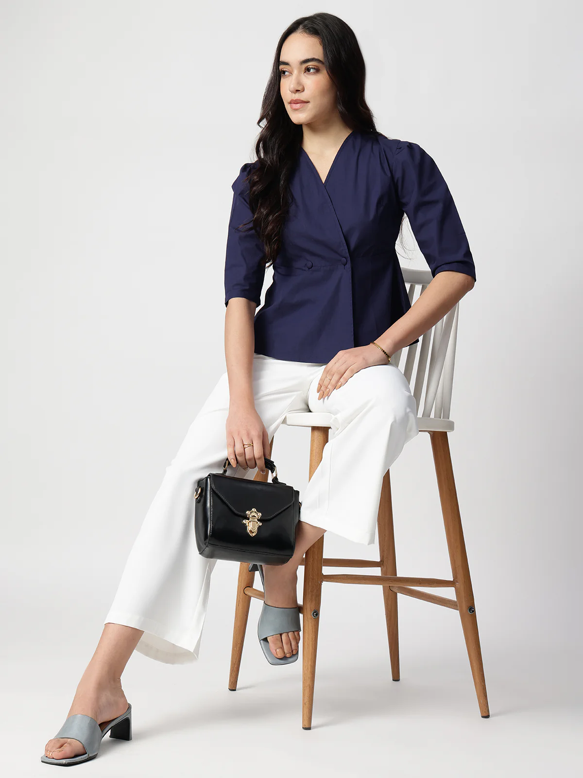 Women Navy Blue Cotton Three-Quarter Shirt - Image 5