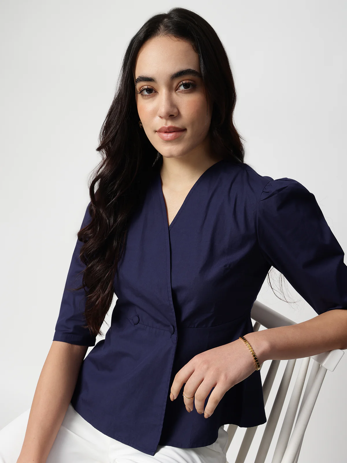 Women Navy Blue Cotton Three-Quarter Shirt - Image 6