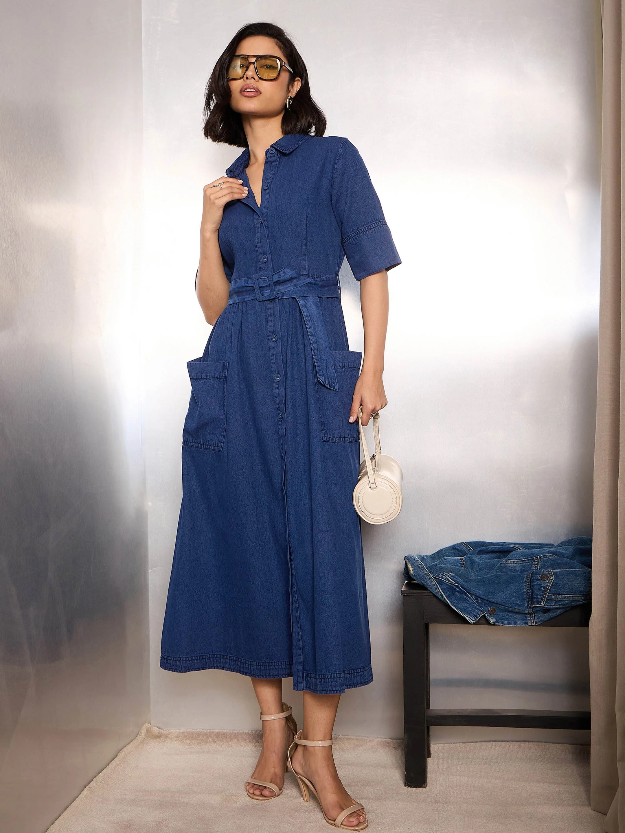 Women Navy Blue Denim Belted Maxi Dress - Image 2