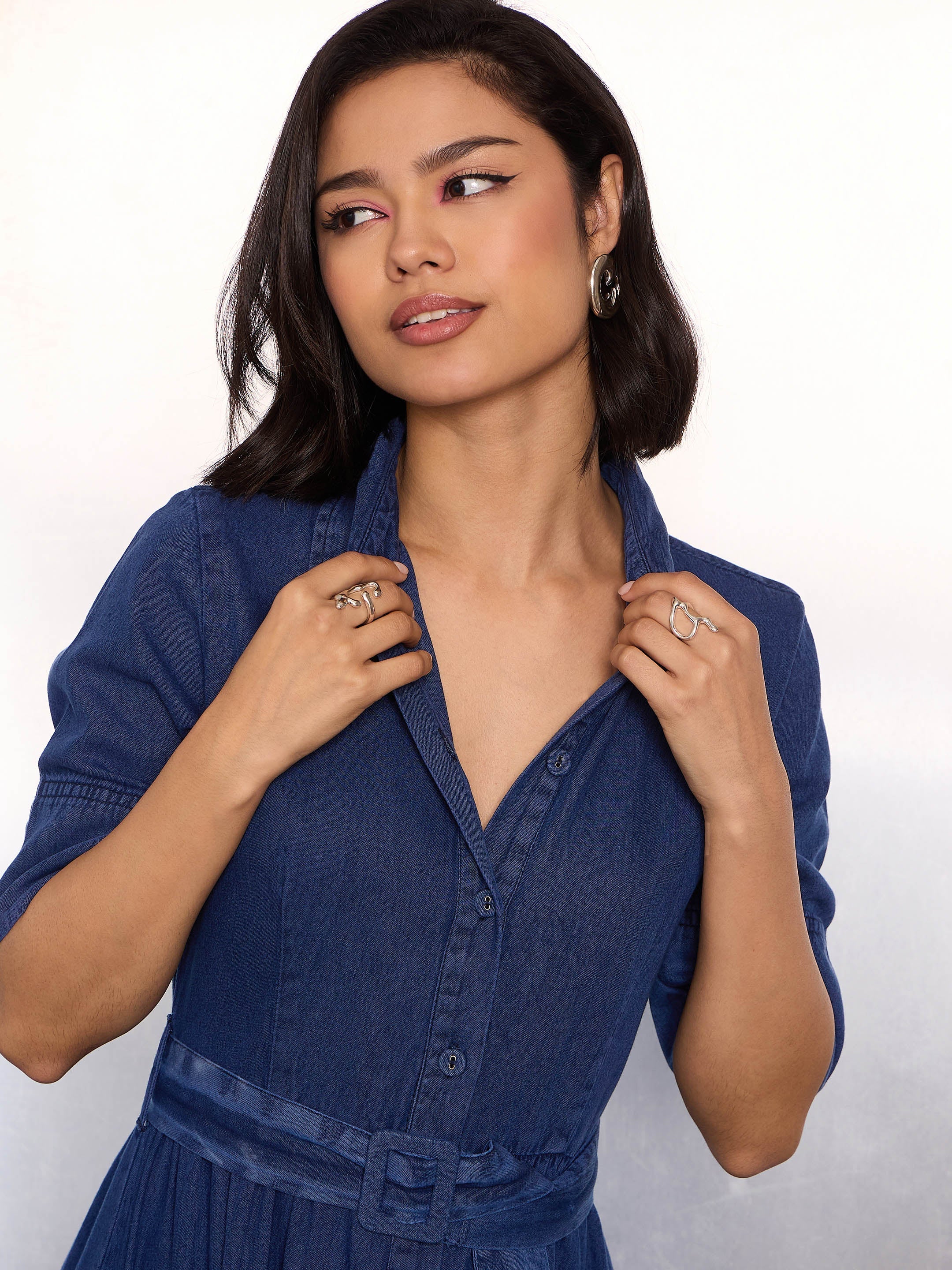 Women Navy Blue Denim Belted Maxi Dress - Image 4