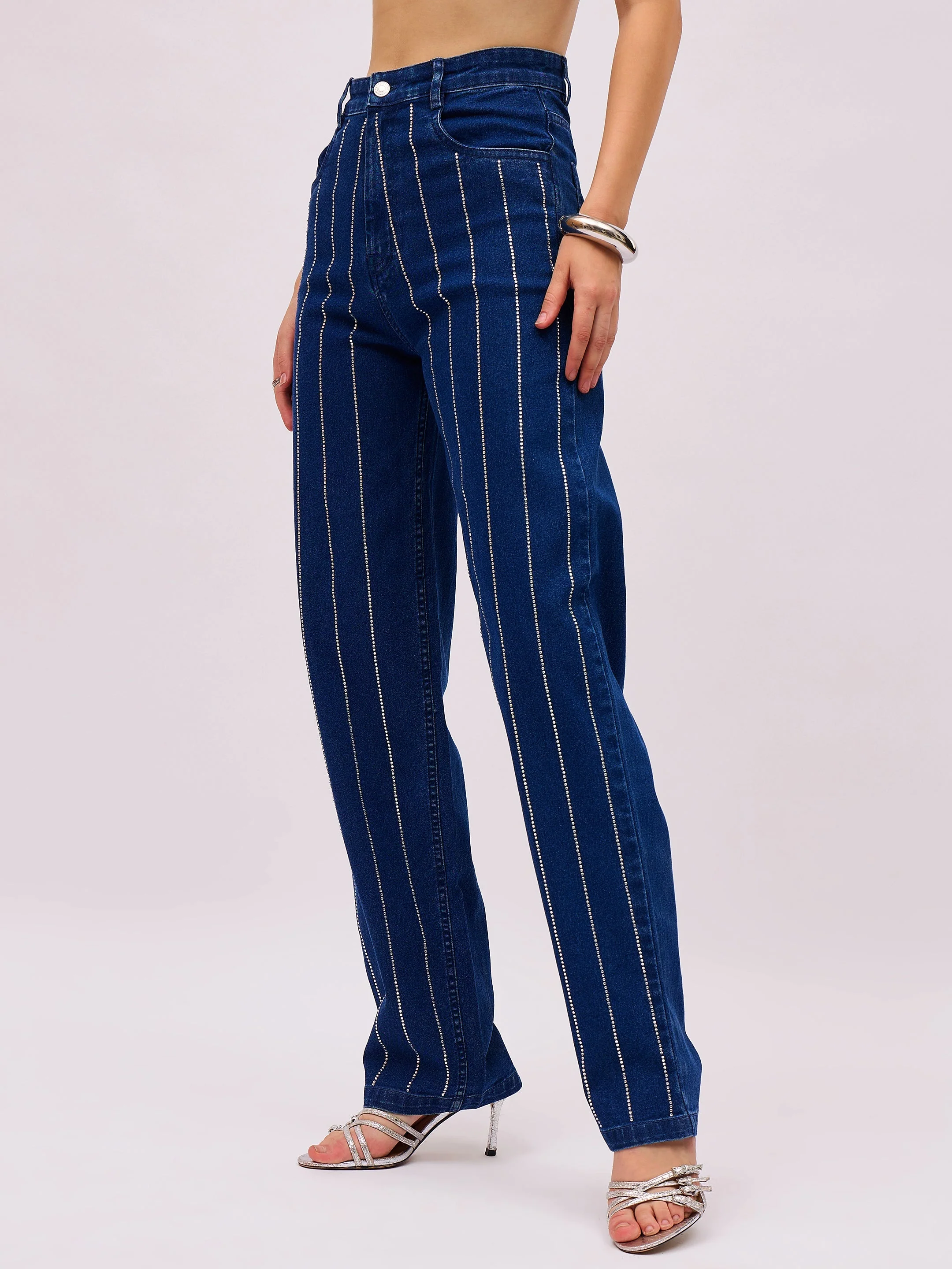 Women Navy Blue Denim Front Stud Straight Fit Jeans - Image 3