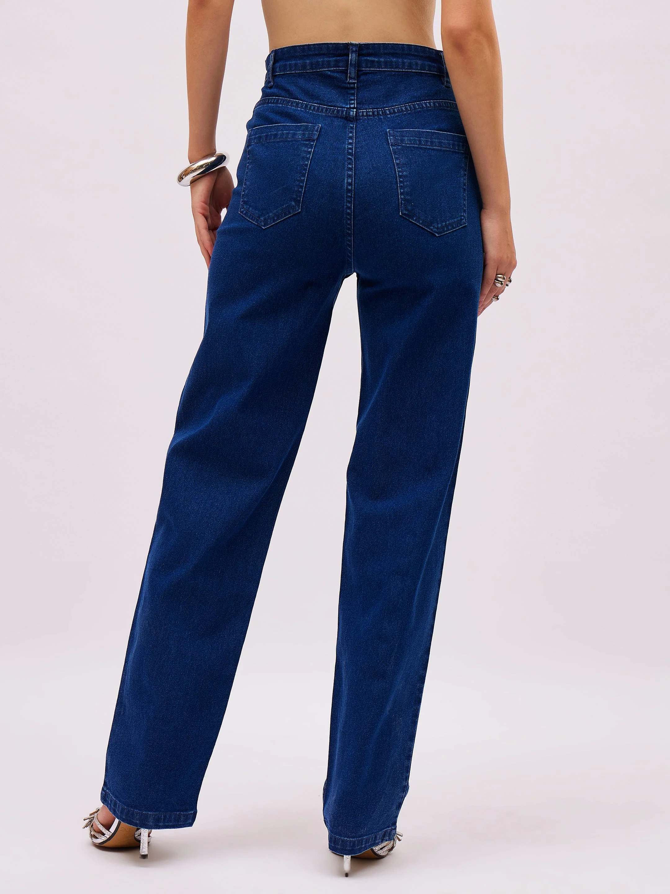 Women Navy Blue Denim Front Stud Straight Fit Jeans - Image 5