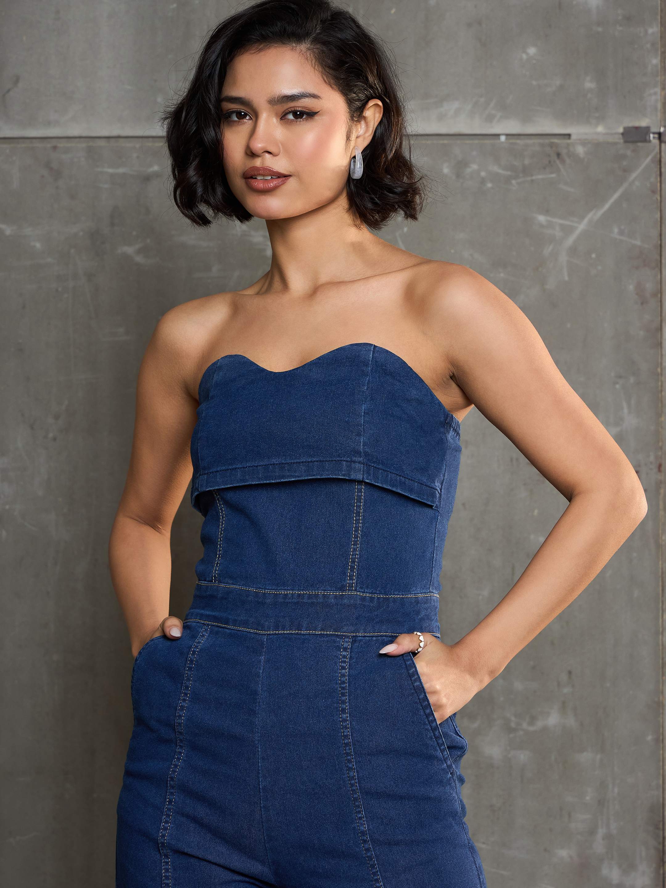 Women Navy Blue Denim Off Shoulder Jumpsuit - Image 4