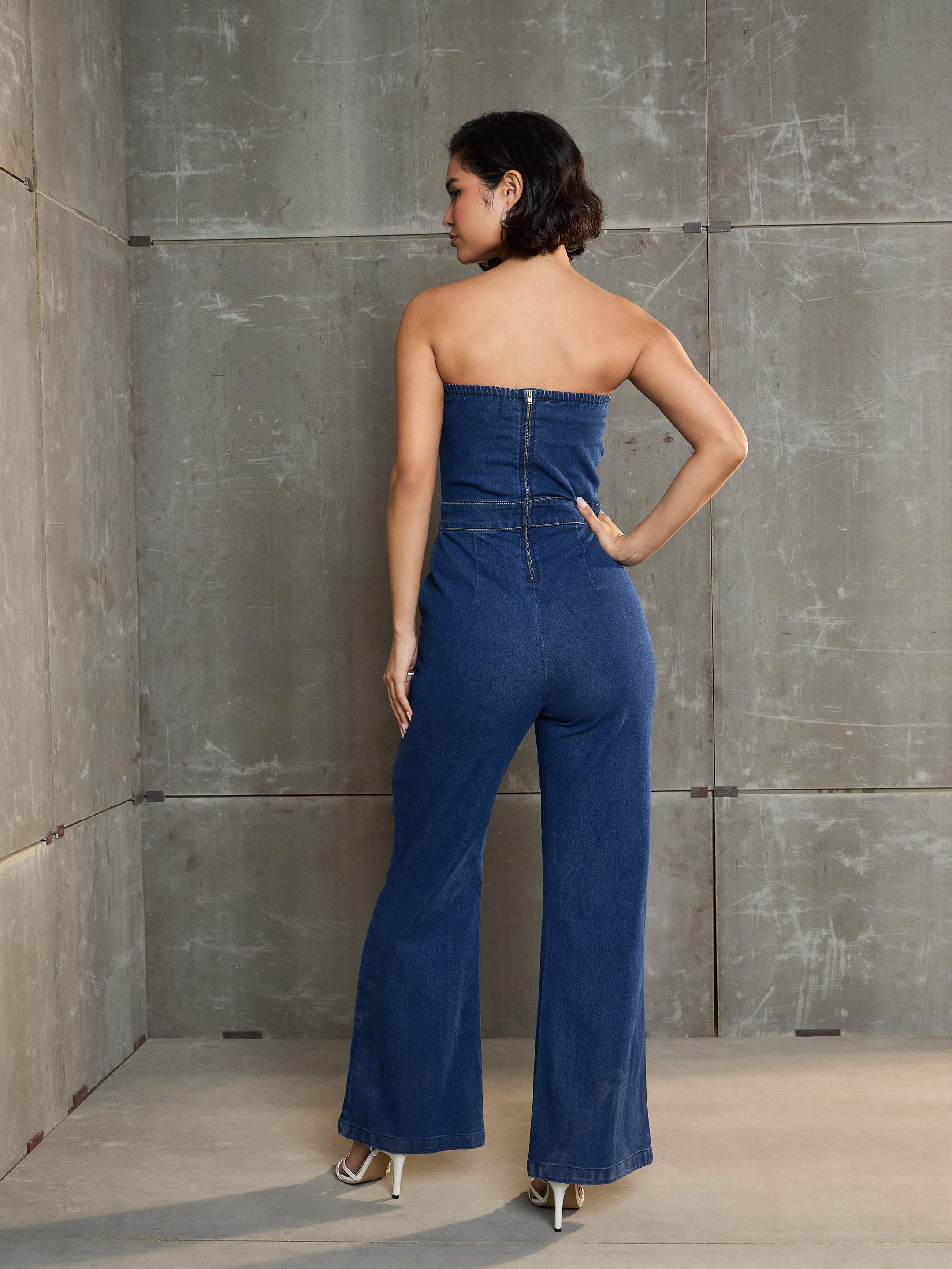 Women Navy Blue Denim Off Shoulder Jumpsuit - Image 5