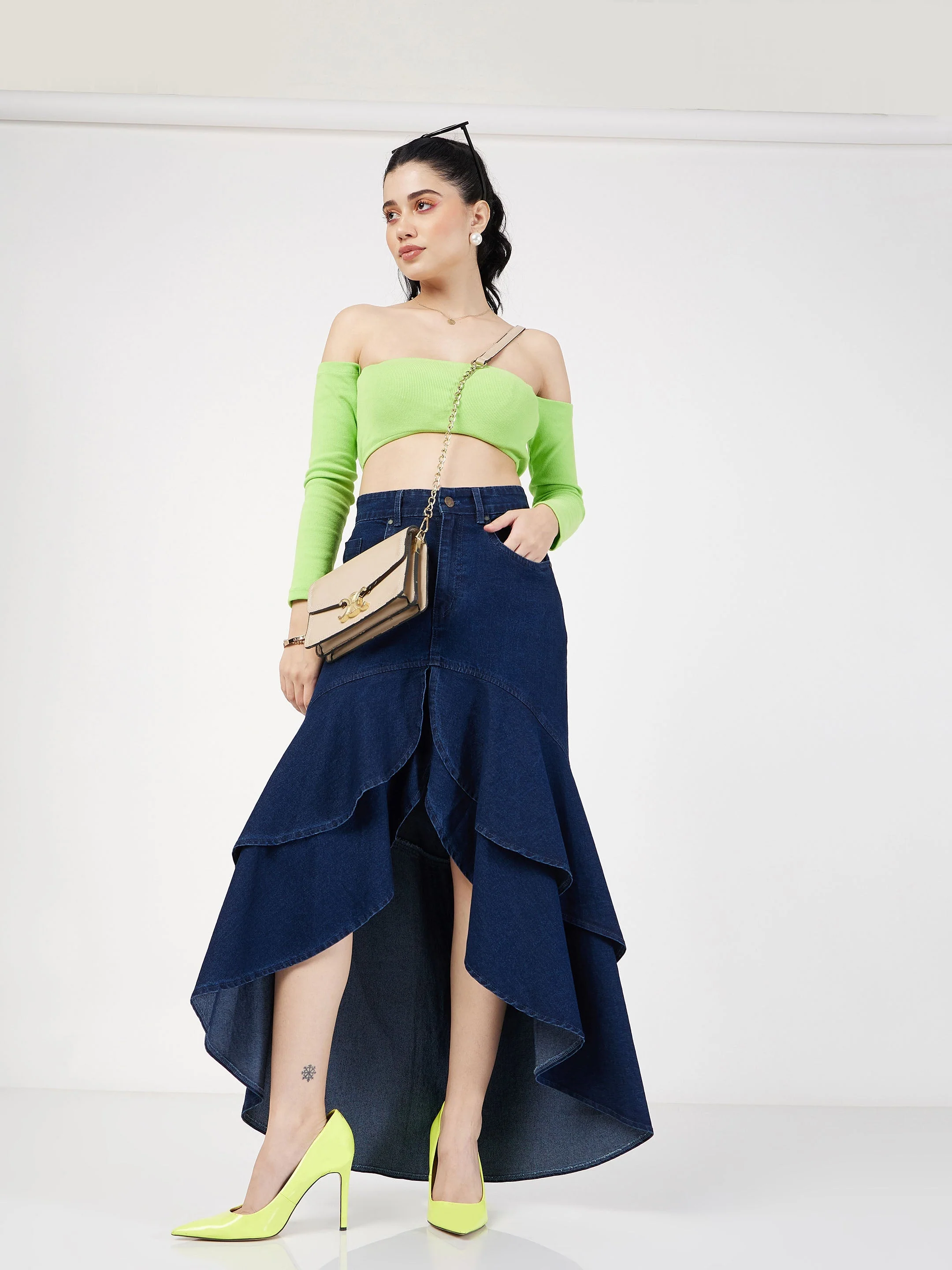 Women Navy Blue Denim Ruffle High Low Skirt - Image 2