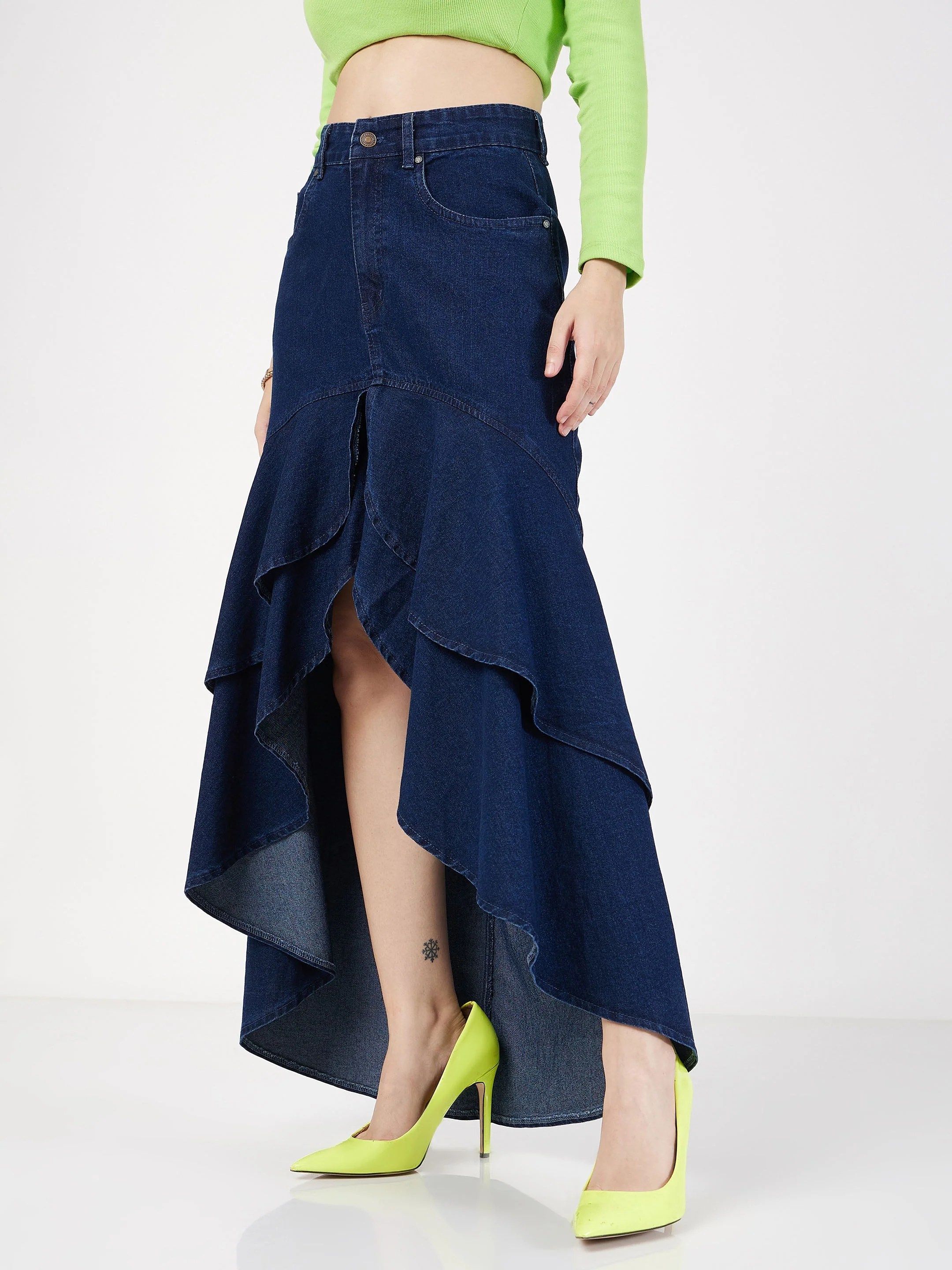 Women Navy Blue Denim Ruffle High Low Skirt - Image 3