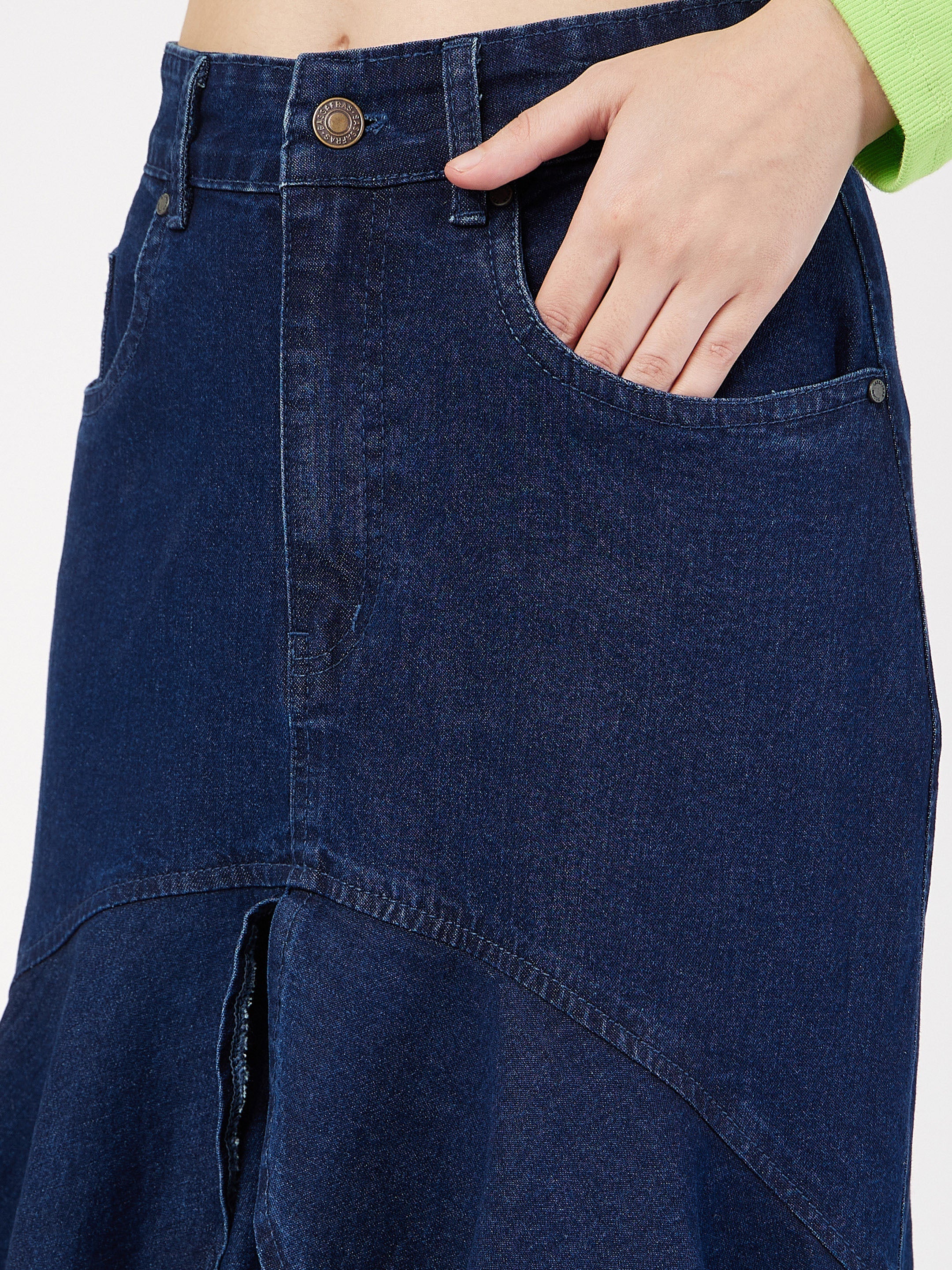 Women Navy Blue Denim Ruffle High Low Skirt - Image 4