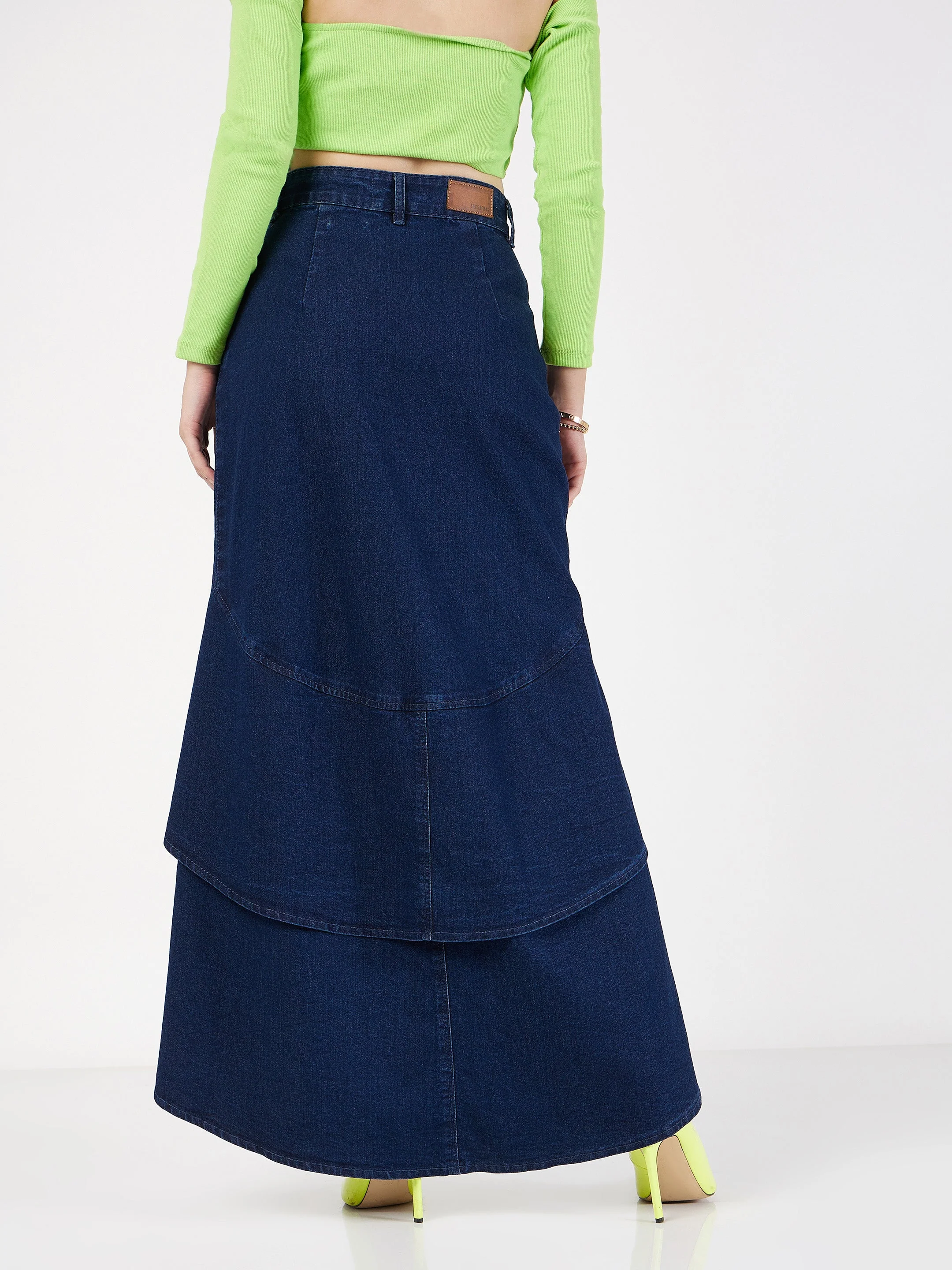 Women Navy Blue Denim Ruffle High Low Skirt - Image 5